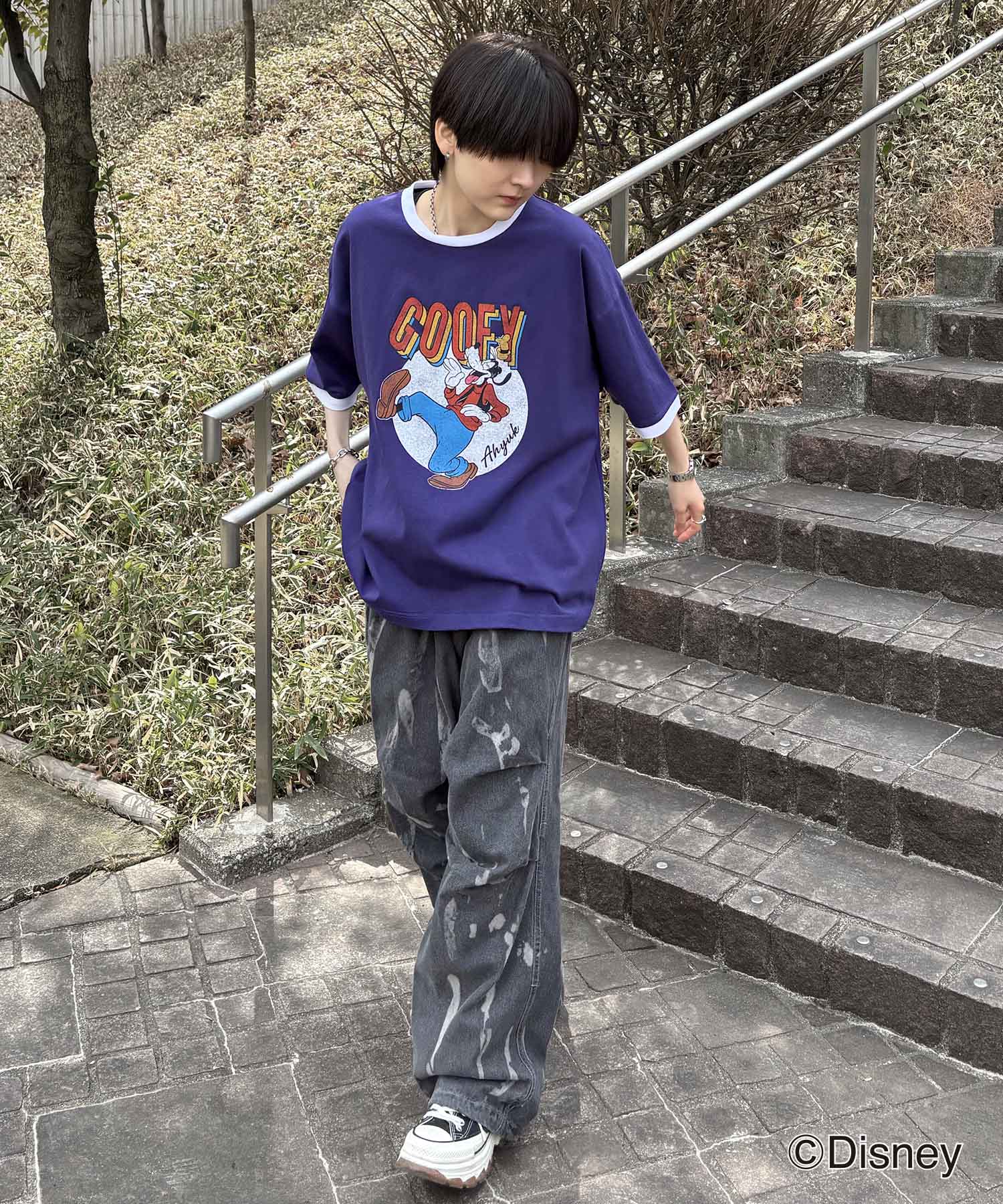 25SS Disney ヴィンテージライクプリント グーフィー リンガー半袖Tシャツ
