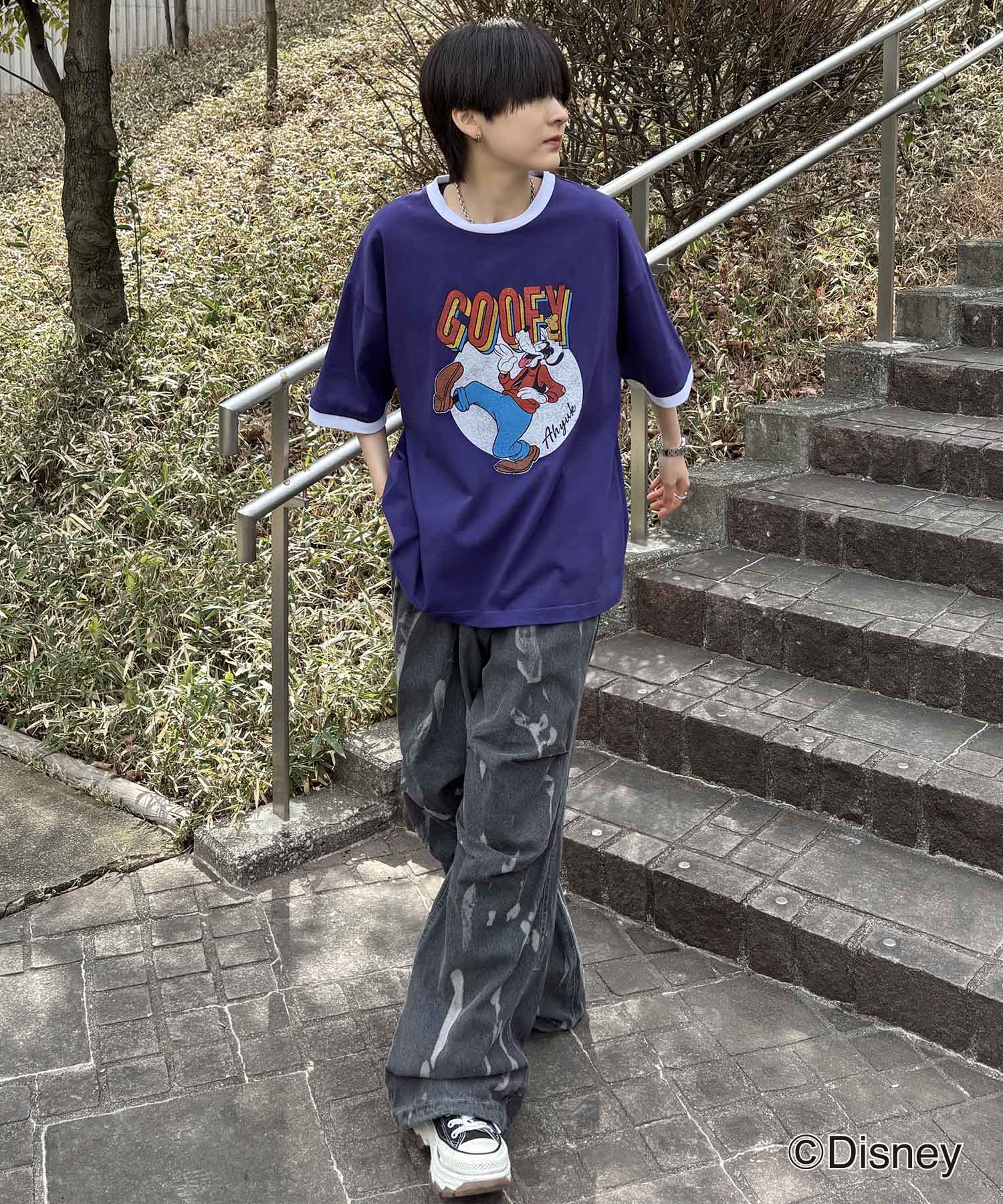 25SS Disney ヴィンテージライクプリント グーフィー リンガー半袖Tシャツ