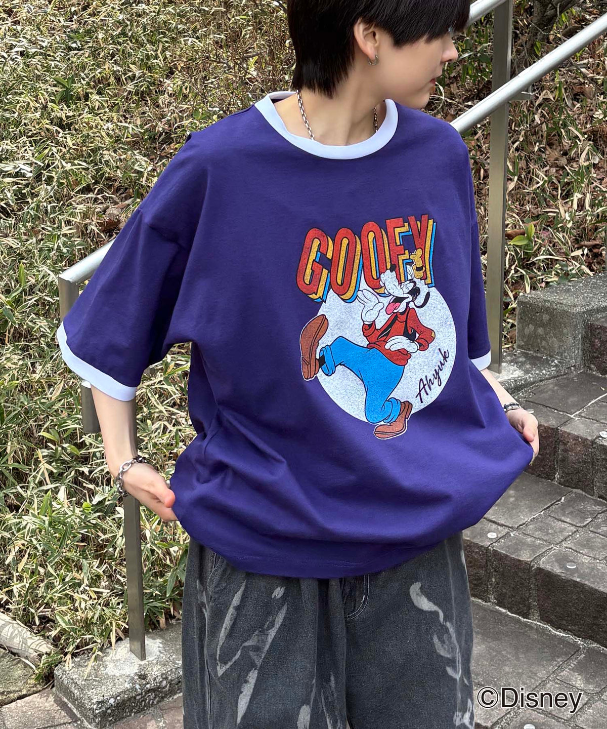 25SS Disney ヴィンテージライクプリント グーフィー リンガー半袖Tシャツ