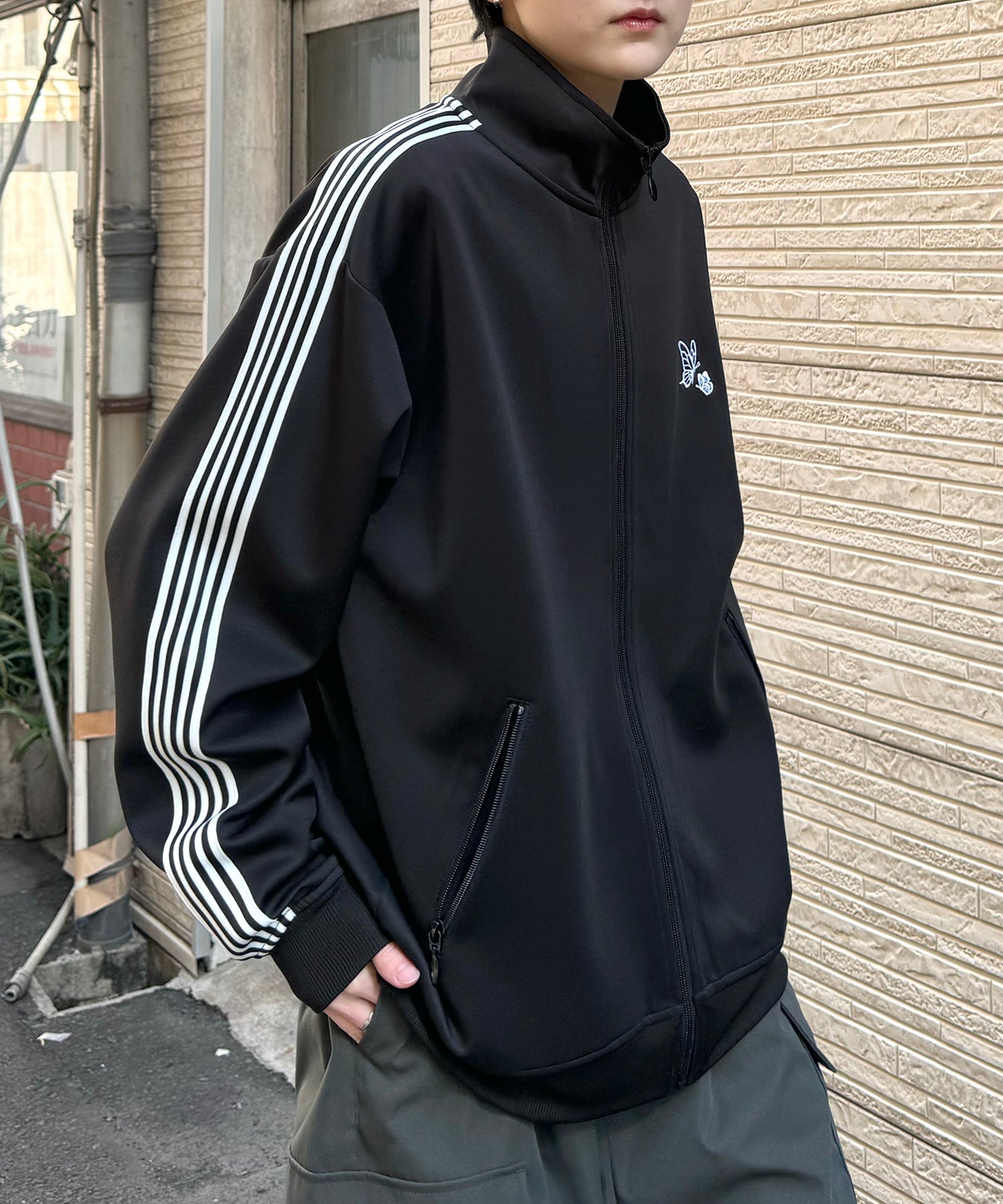 新色追加【セットアップ対応】WEB限定 ビッグシルエット ワンポイント刺繍 袖ラインジャージ トラックジャケット