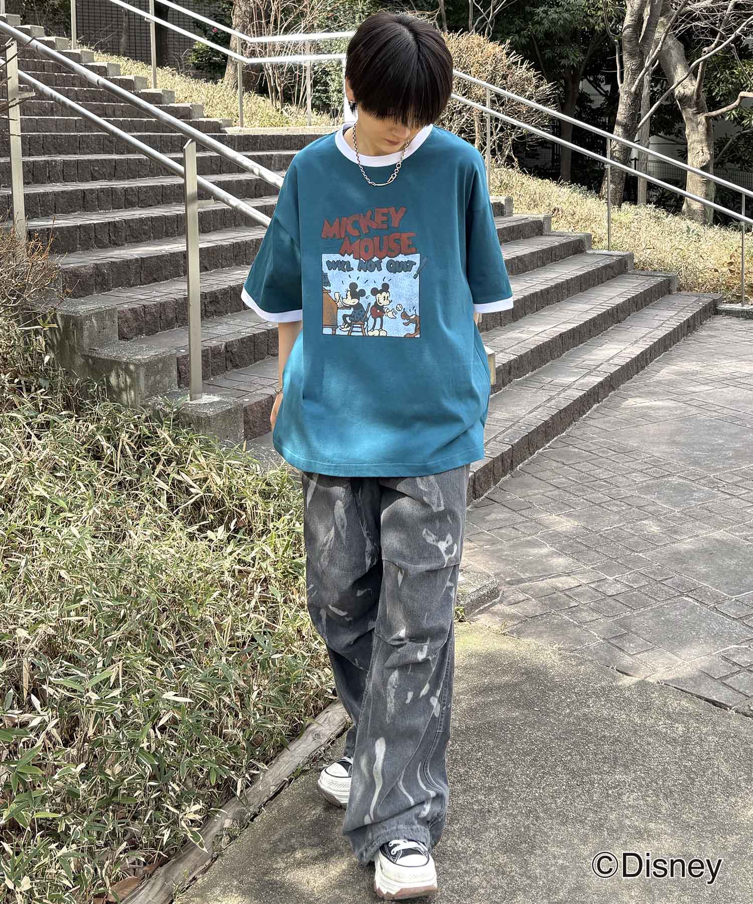 25SS Disney ヴィンテージライクプリント ミッキー リンガー半袖Tシャツ