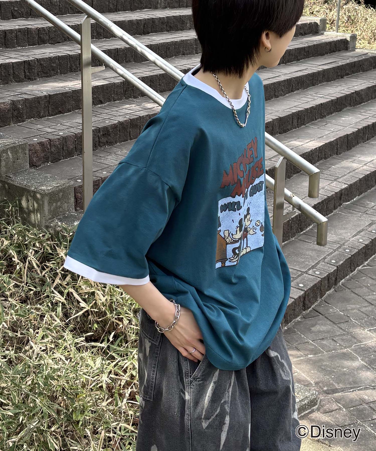 25SS Disney ヴィンテージライクプリント ミッキー リンガー半袖Tシャツ