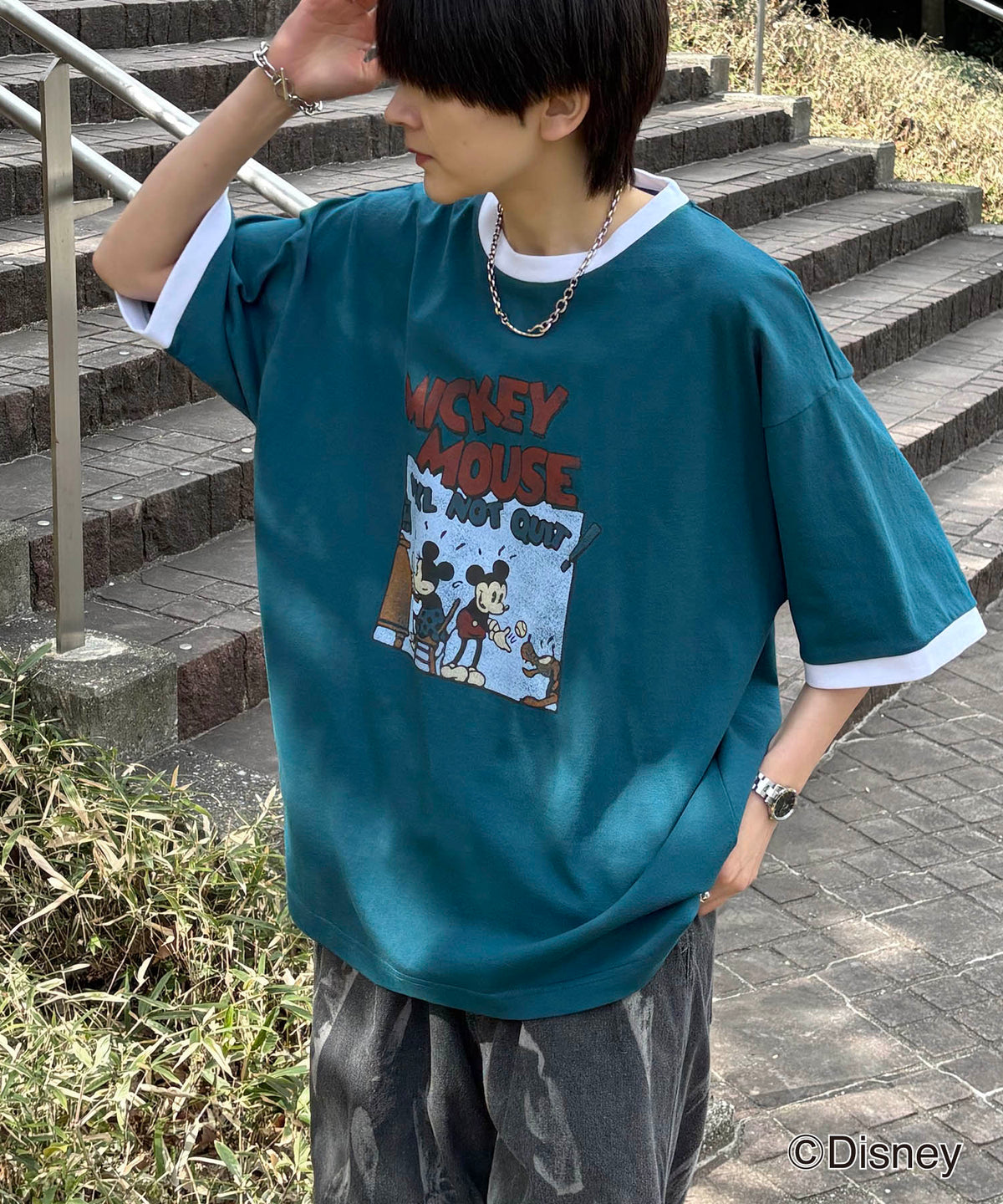 25SS Disney ヴィンテージライクプリント ミッキー リンガー半袖Tシャツ