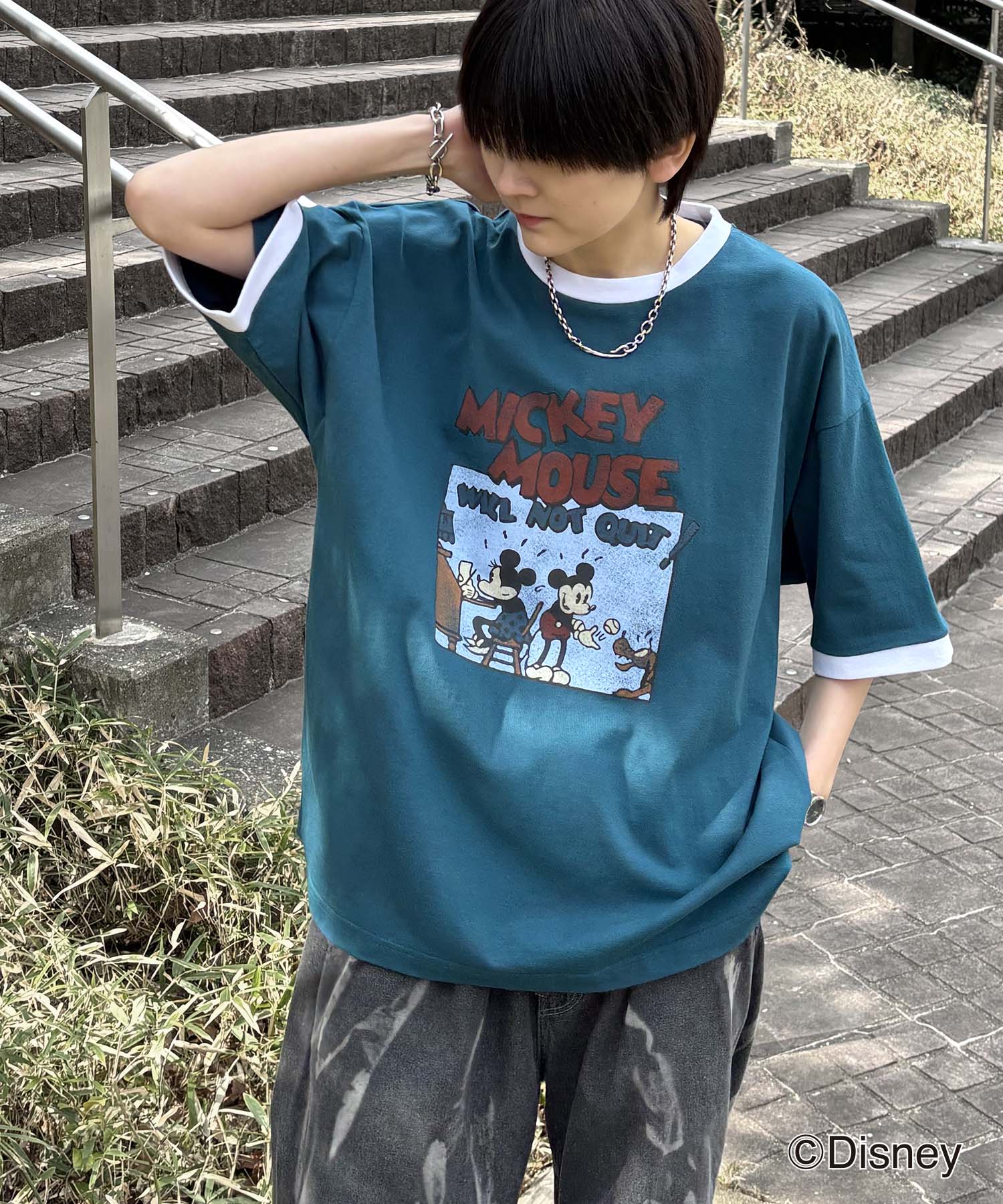 25SS Disney ヴィンテージライクプリント ミッキー リンガー半袖Tシャツ