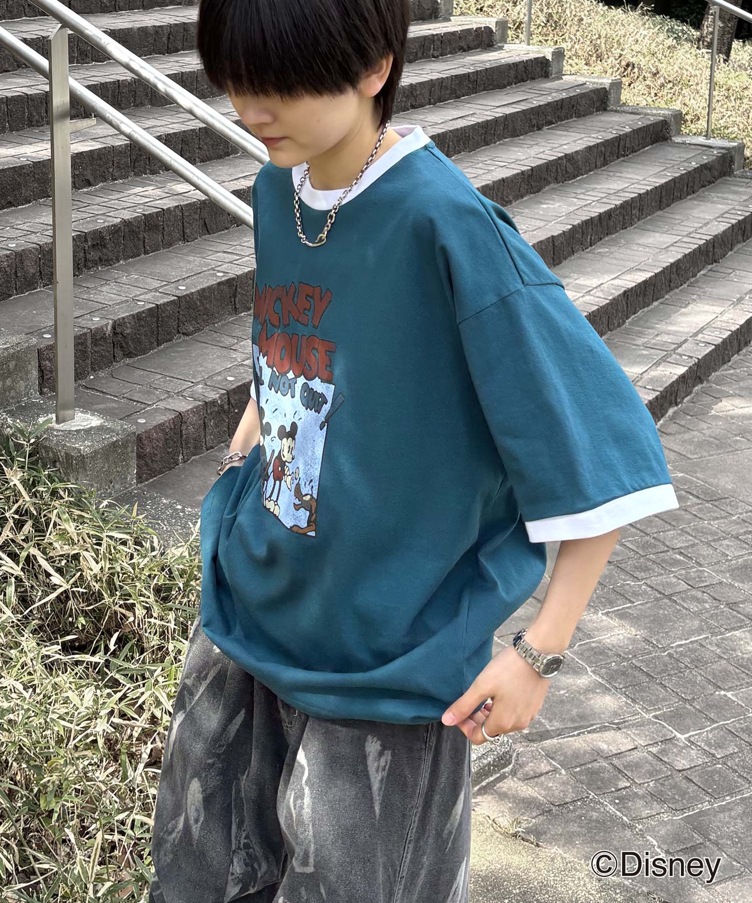 25SS Disney ヴィンテージライクプリント ミッキー リンガー半袖Tシャツ