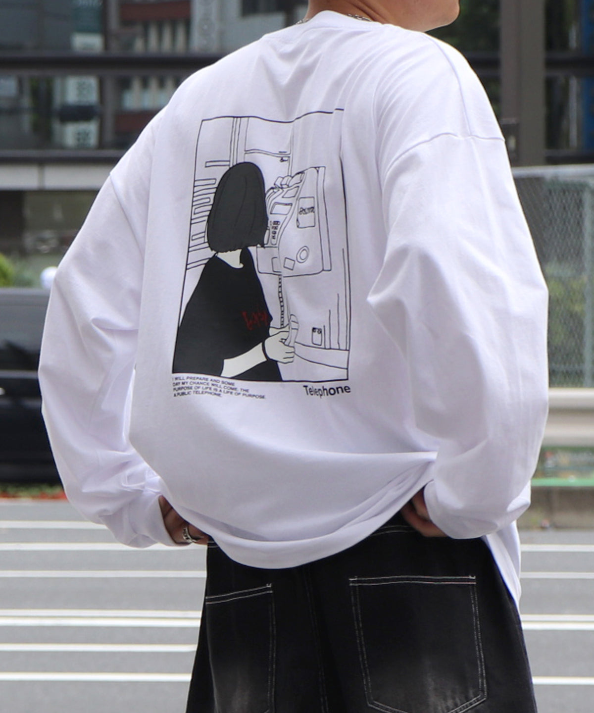 テレフォンガールイラストバックプリント / ワンポイント刺繍 ビッグシルエットロンT