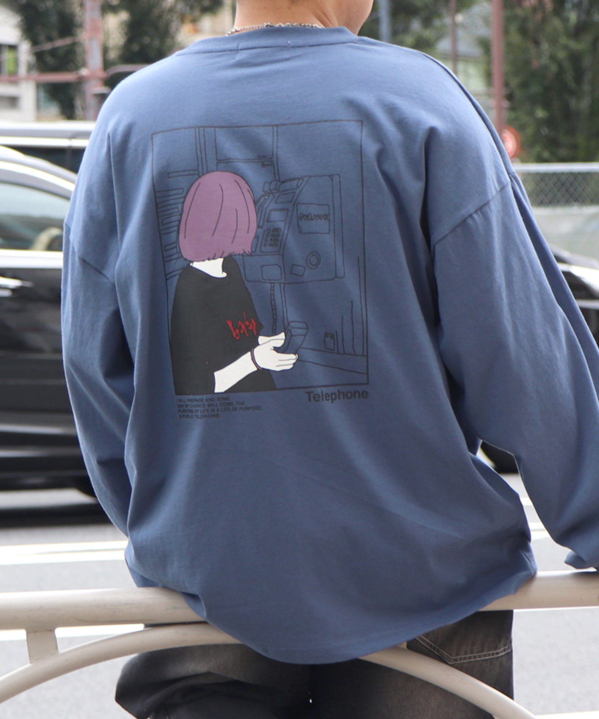 テレフォンガールイラストバックプリント / ワンポイント刺繍 ビッグシルエットロンT