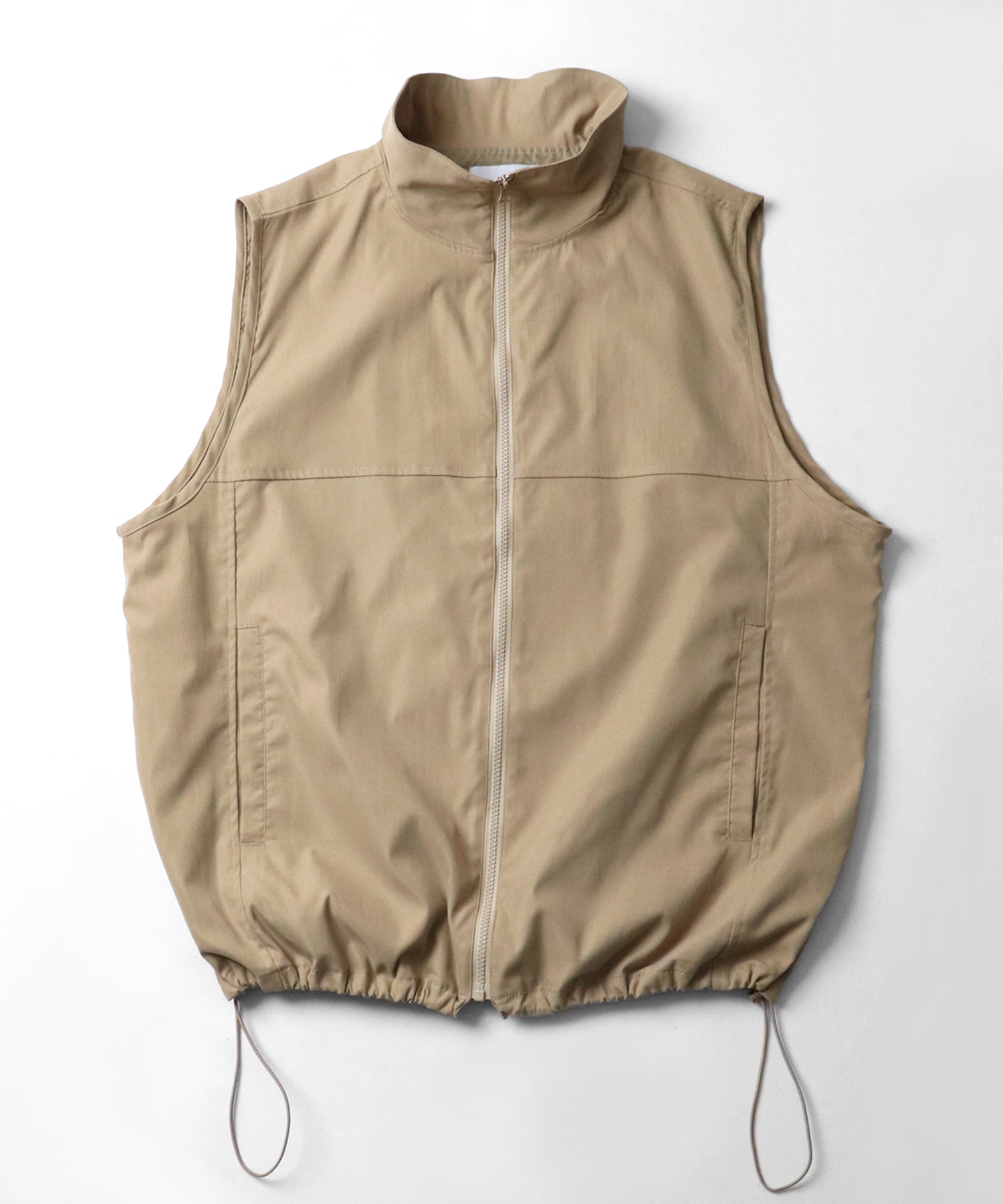 セットアップ対応 スタンドネック 裾ひもドロスト フルジップナイロンテックベスト