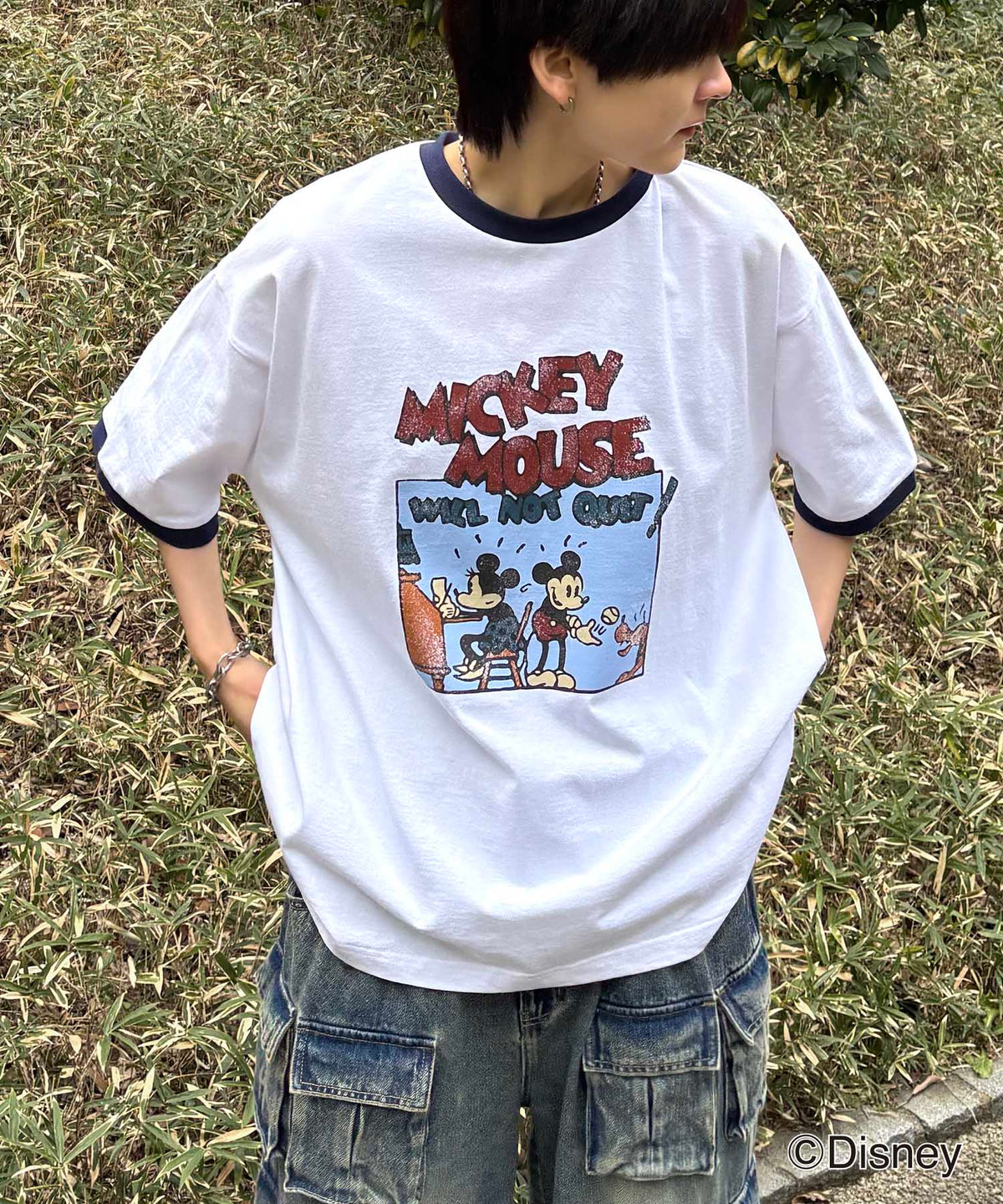 25SS Disney ヴィンテージライクプリント ミッキー リンガー半袖Tシャツ