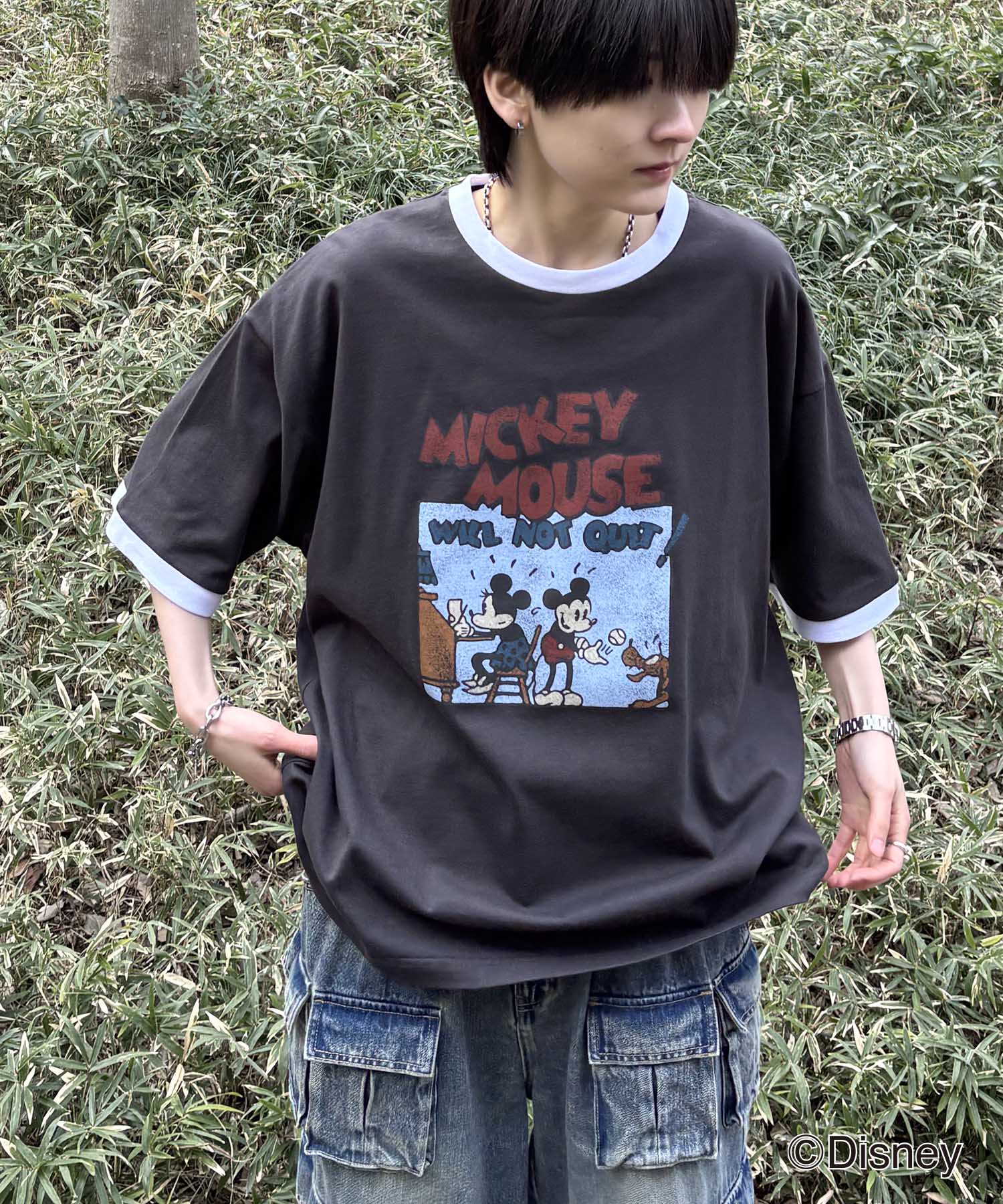 25SS Disney ヴィンテージライクプリント ミッキー リンガー半袖Tシャツ