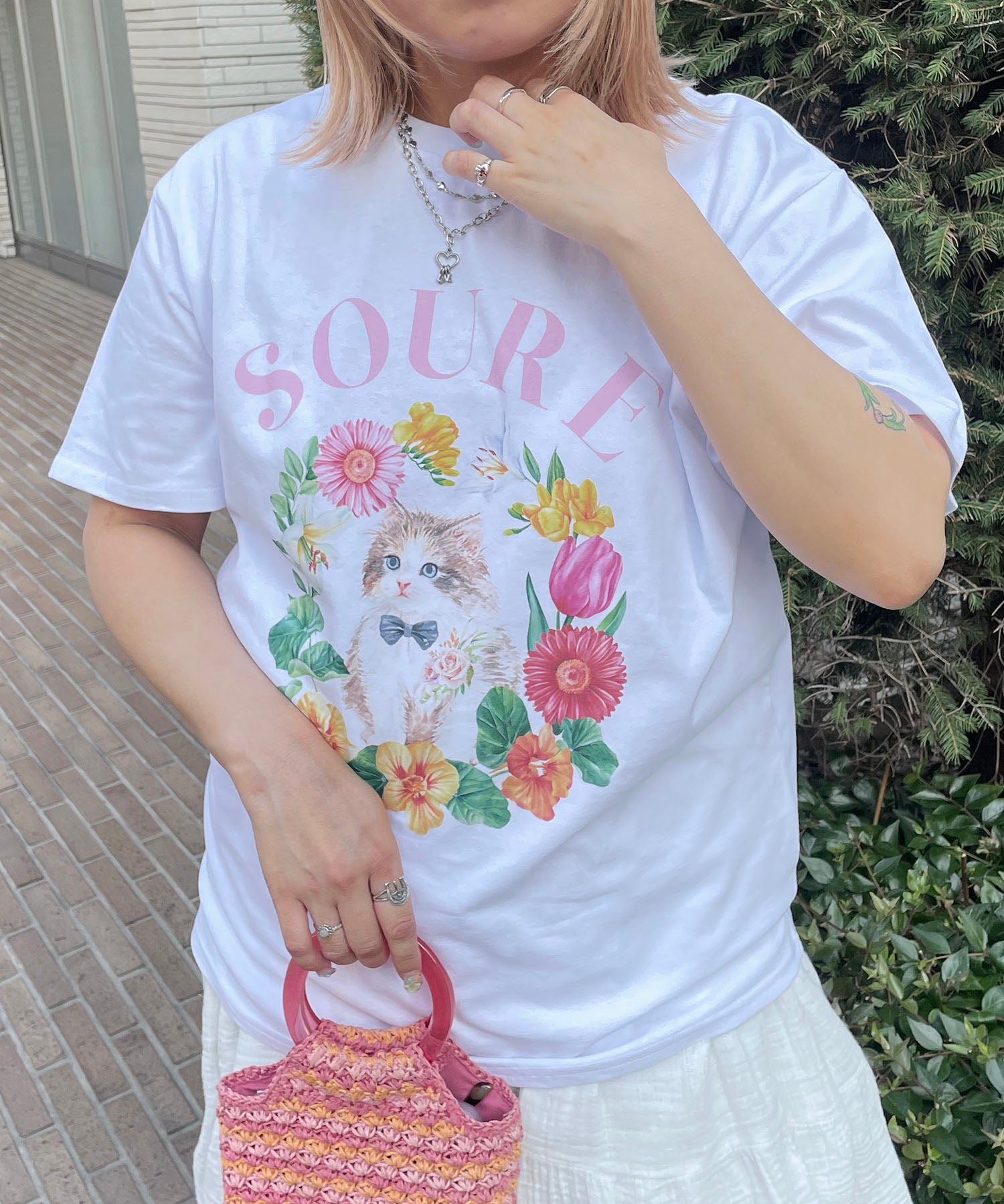 25SS 【Soure】キャットフラワー フロントプリント 半袖Tシャツ