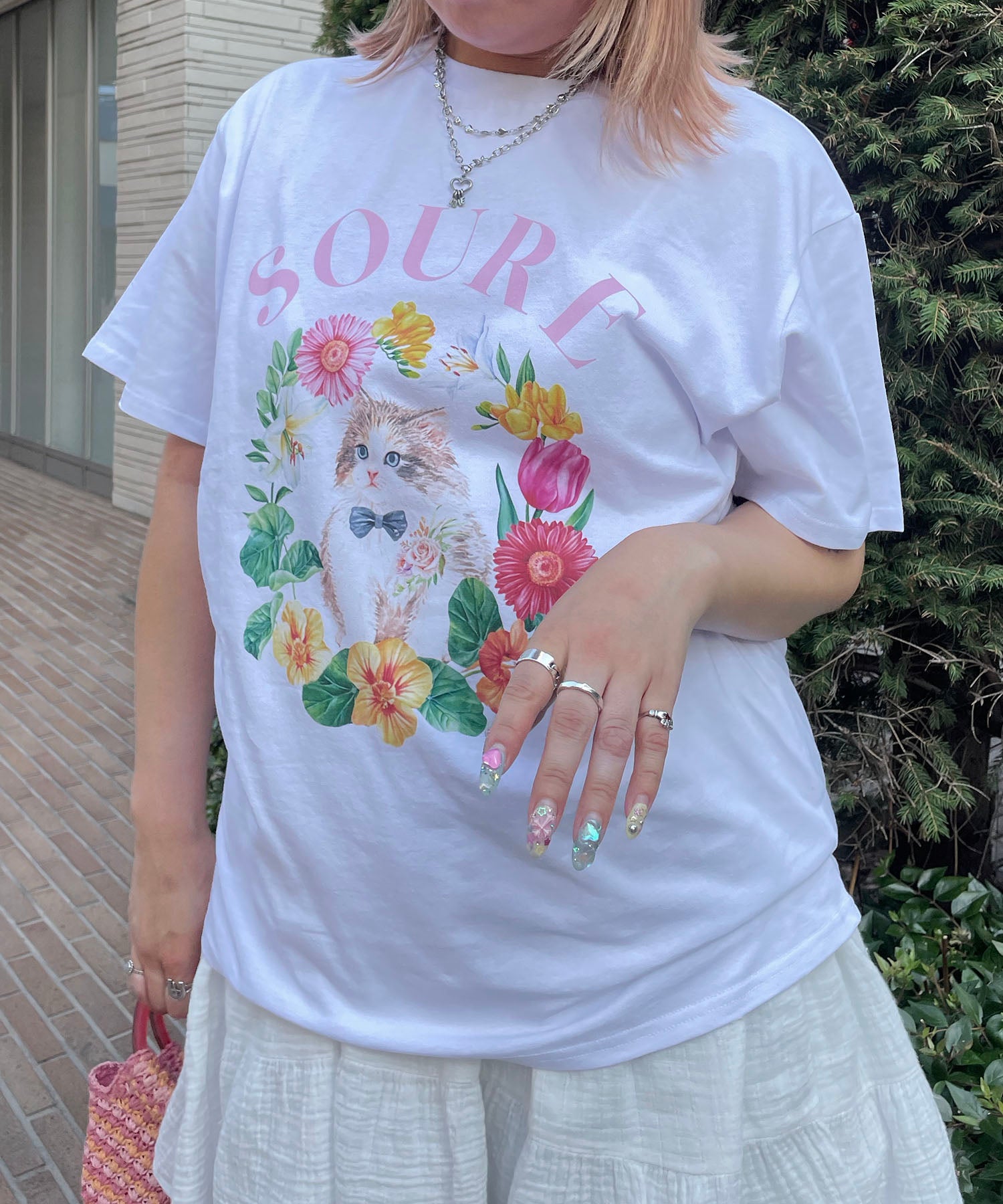 25SS 【Soure】キャットフラワー フロントプリント 半袖Tシャツ
