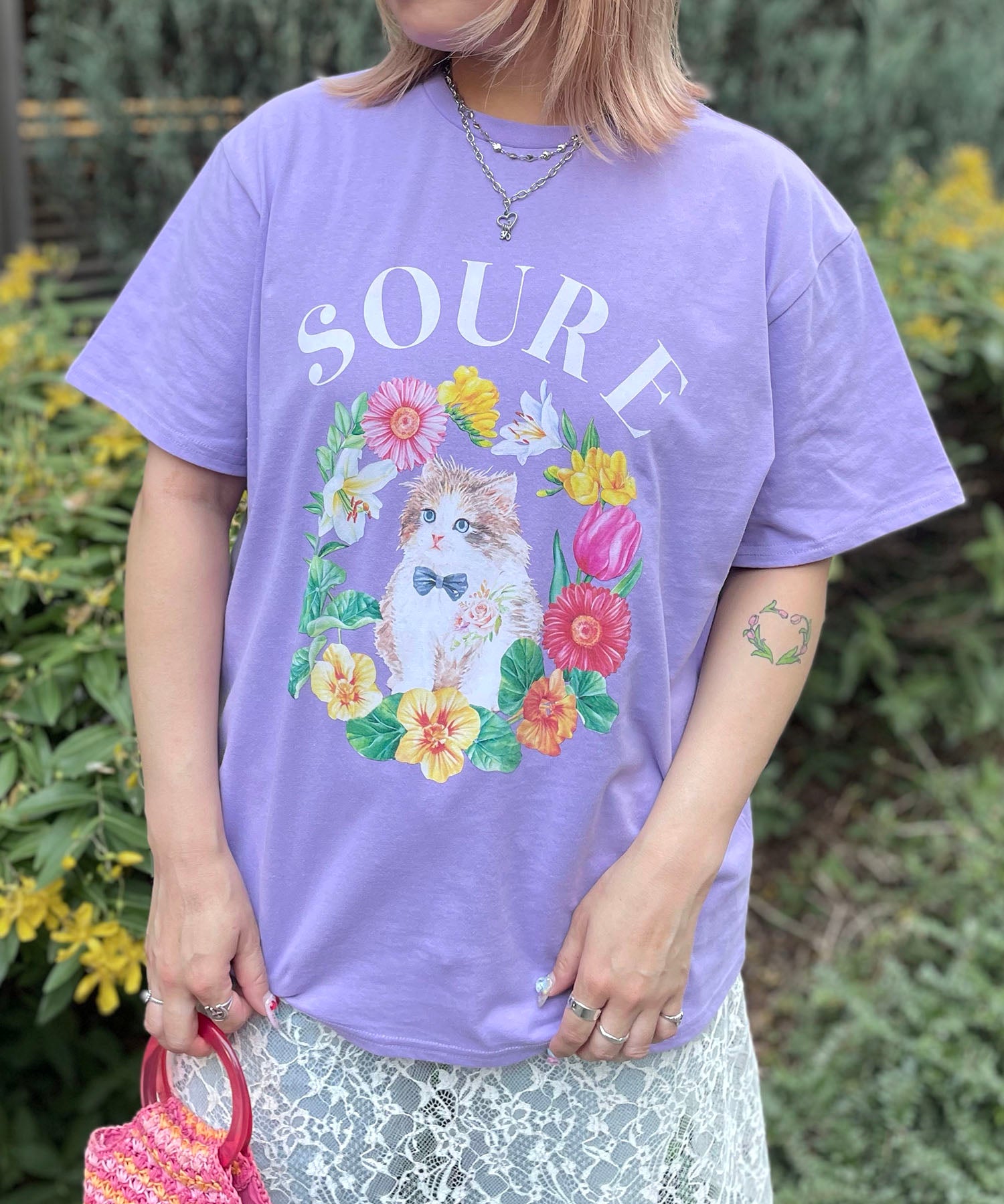 25SS 【Soure】キャットフラワー フロントプリント 半袖Tシャツ