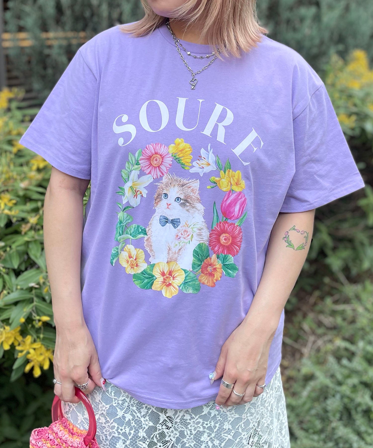 25SS 【Soure】キャットフラワー フロントプリント 半袖Tシャツ