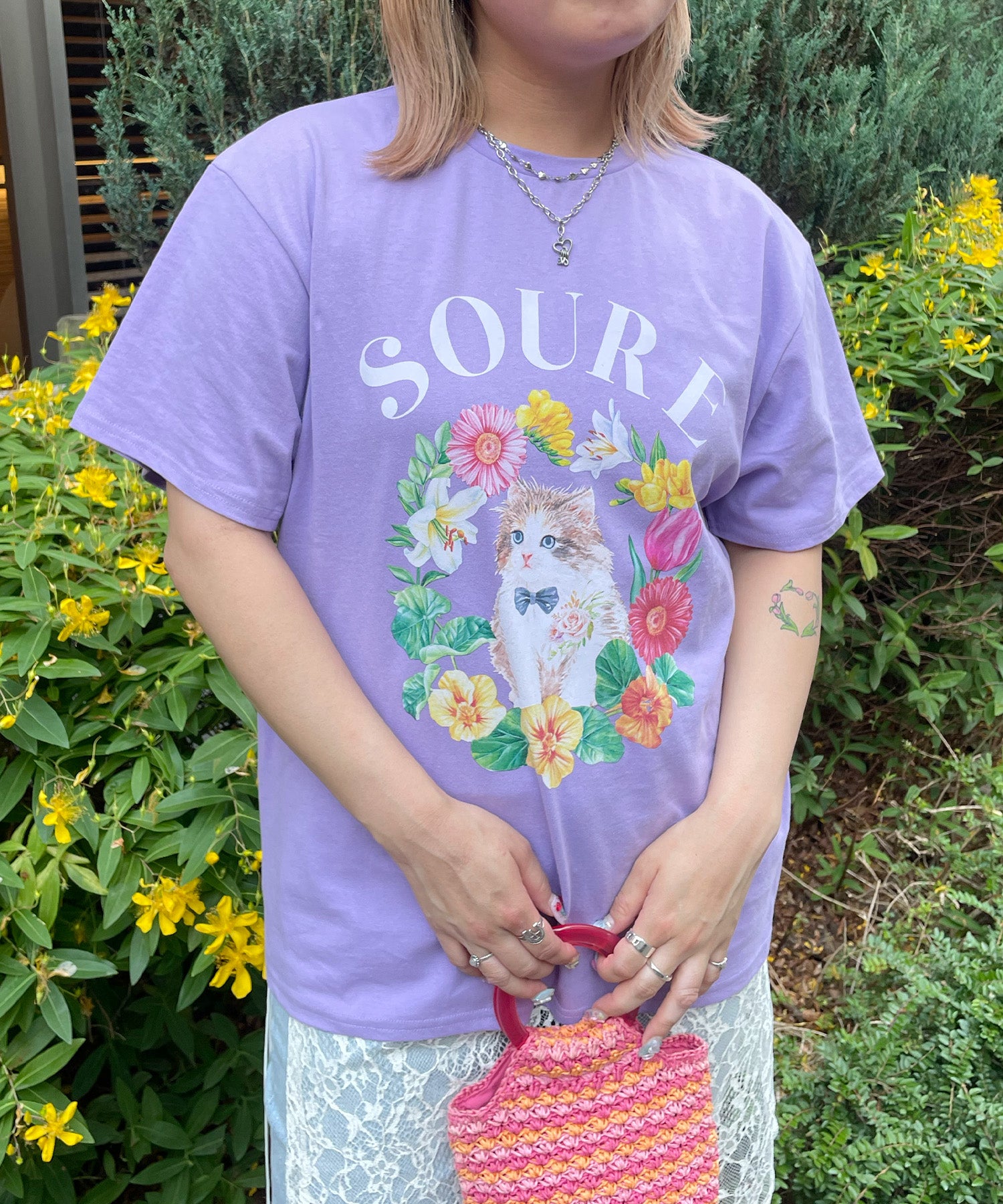 25SS 【Soure】キャットフラワー フロントプリント 半袖Tシャツ