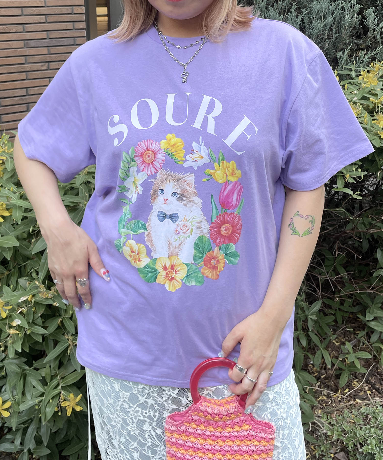 25SS 【Soure】キャットフラワー フロントプリント 半袖Tシャツ
