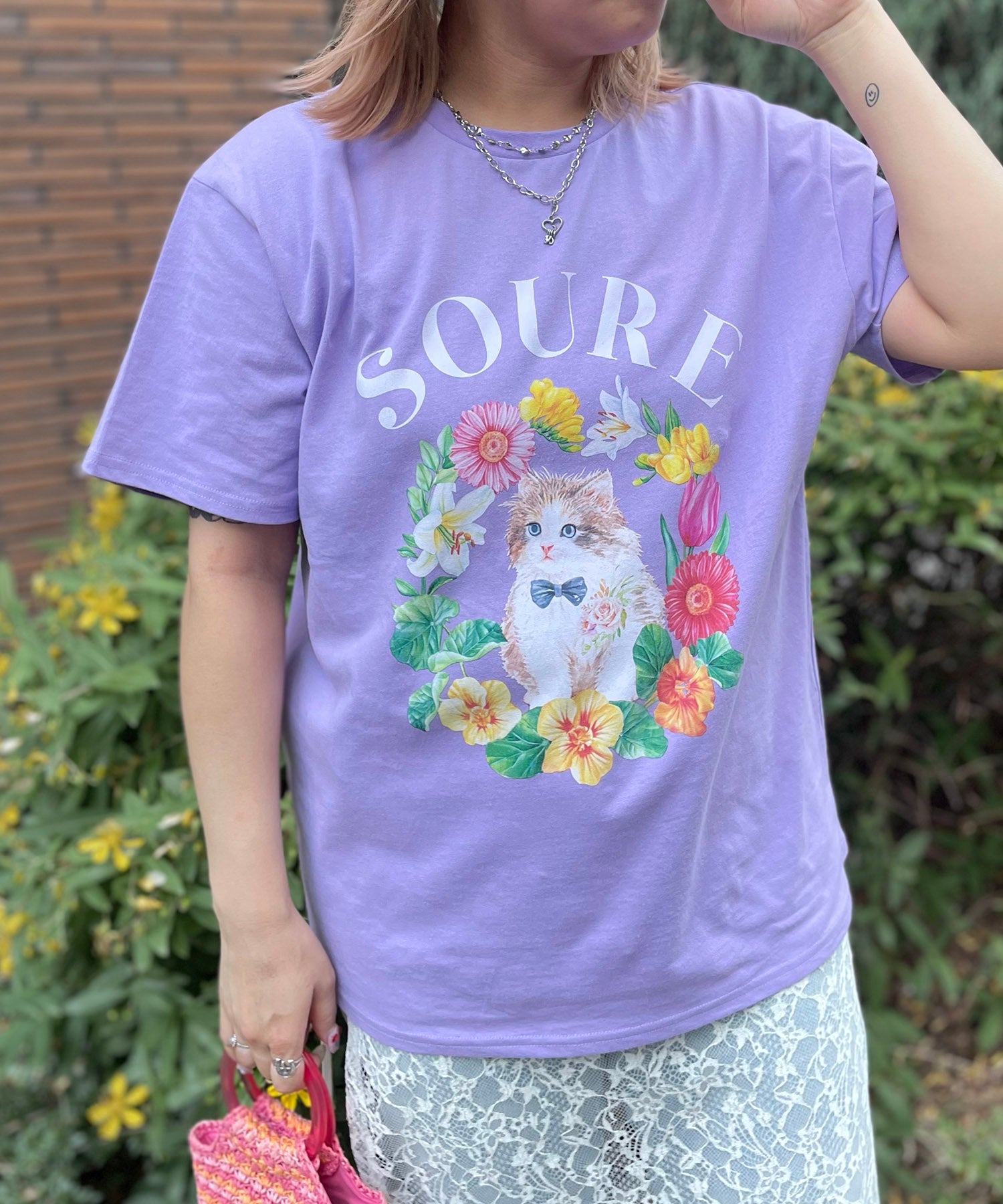 25SS 【Soure】キャットフラワー フロントプリント 半袖Tシャツ
