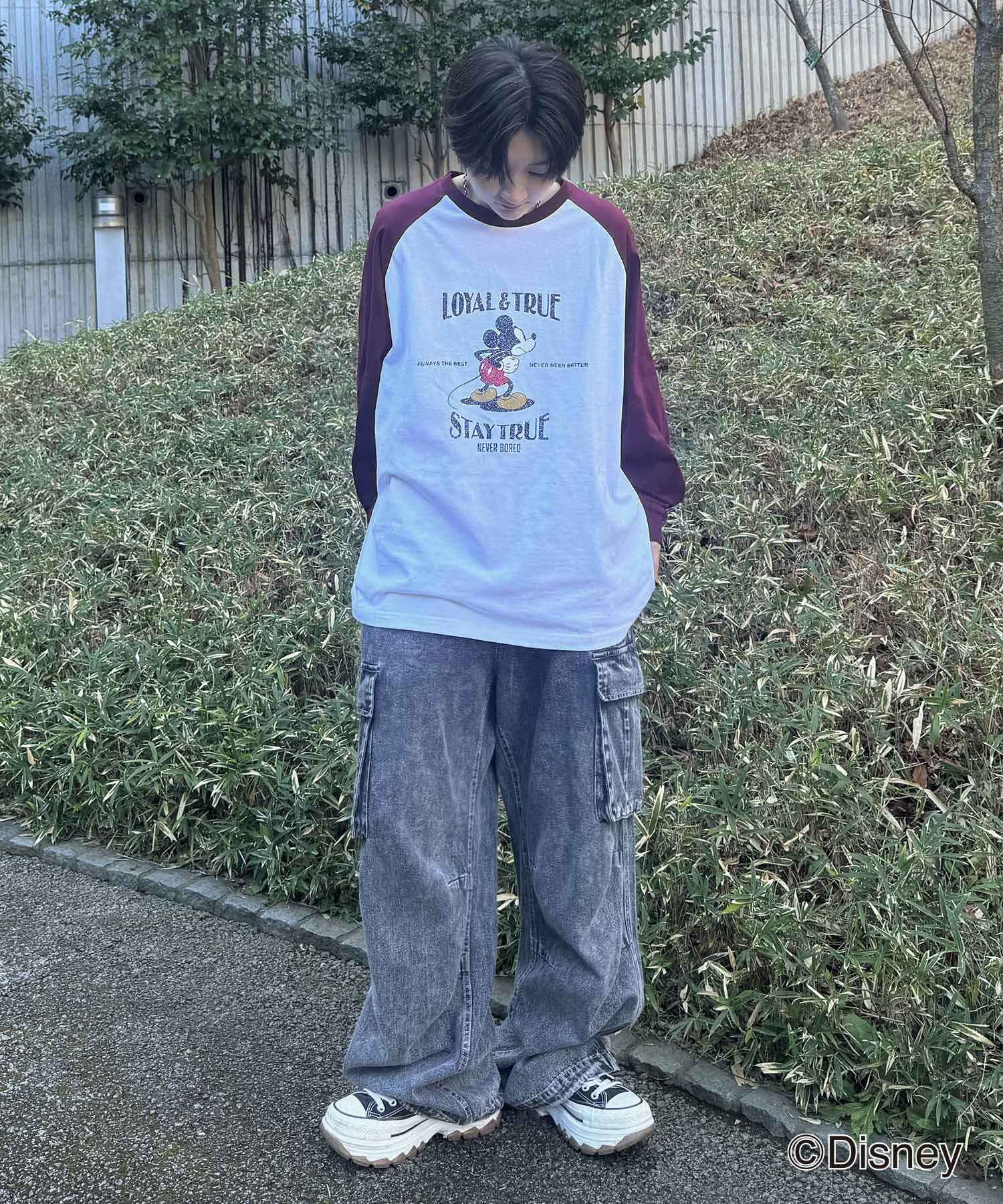 25SS Disney Mickey / ミッキー ヴィンテージライク レトログラフィック 古着風クラックプリント ビッグシルエット ラグランロンT