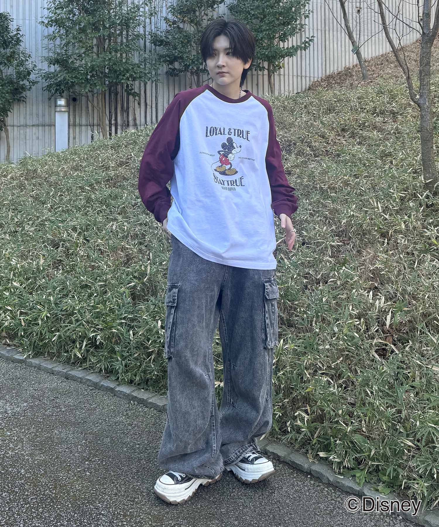 25SS Disney Mickey / ミッキー ヴィンテージライク レトログラフィック 古着風クラックプリント ビッグシルエット ラグランロンT