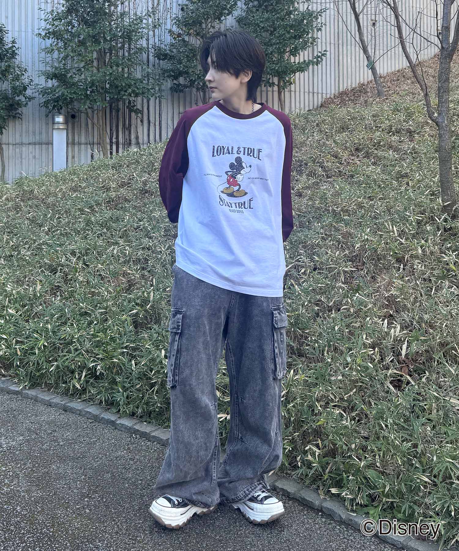 25SS Disney Mickey / ミッキー ヴィンテージライク レトログラフィック 古着風クラックプリント ビッグシルエット ラグランロンT