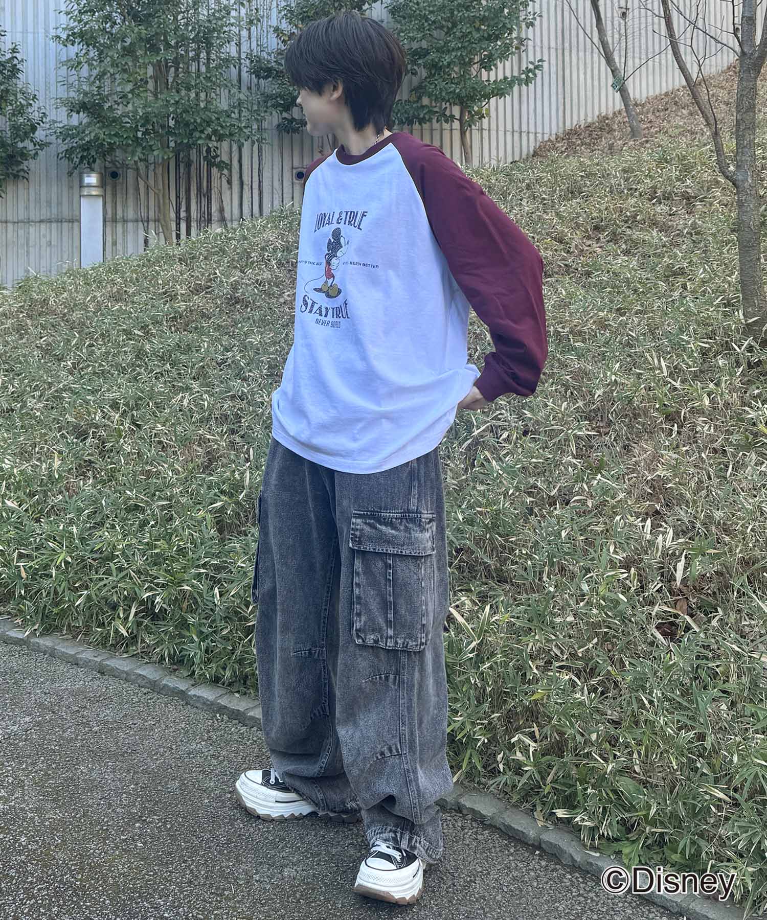 25SS Disney Mickey / ミッキー ヴィンテージライク レトログラフィック 古着風クラックプリント ビッグシルエット ラグランロンT