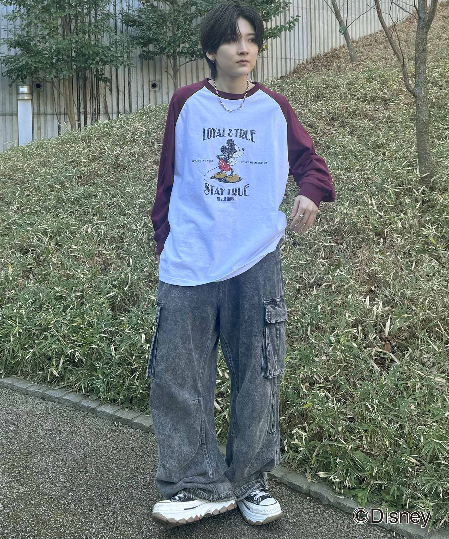 25SS Disney Mickey / ミッキー ヴィンテージライク レトログラフィック 古着風クラックプリント ビッグシルエット ラグランロンT