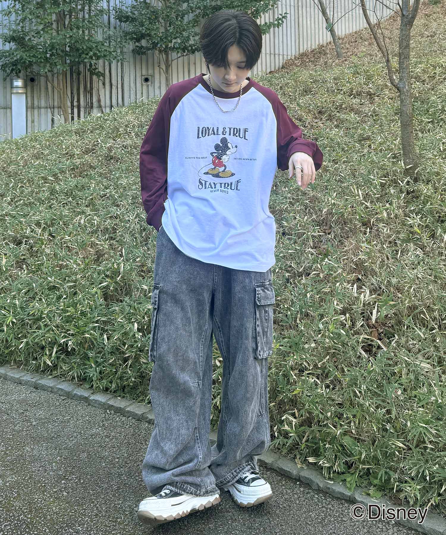 25SS Disney Mickey / ミッキー ヴィンテージライク レトログラフィック 古着風クラックプリント ビッグシルエット ラグランロンT