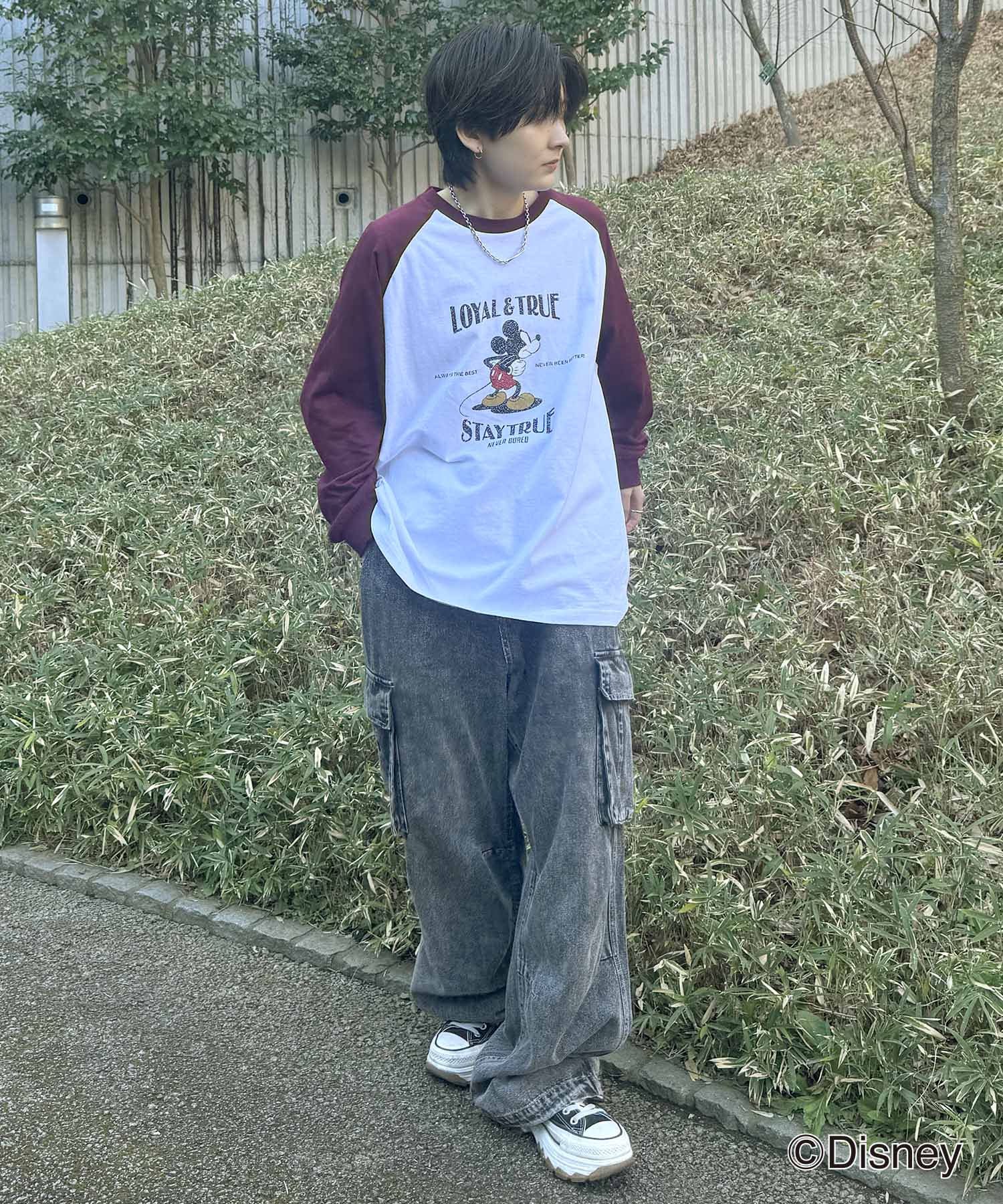 25SS Disney Mickey / ミッキー ヴィンテージライク レトログラフィック 古着風クラックプリント ビッグシルエット ラグランロンT