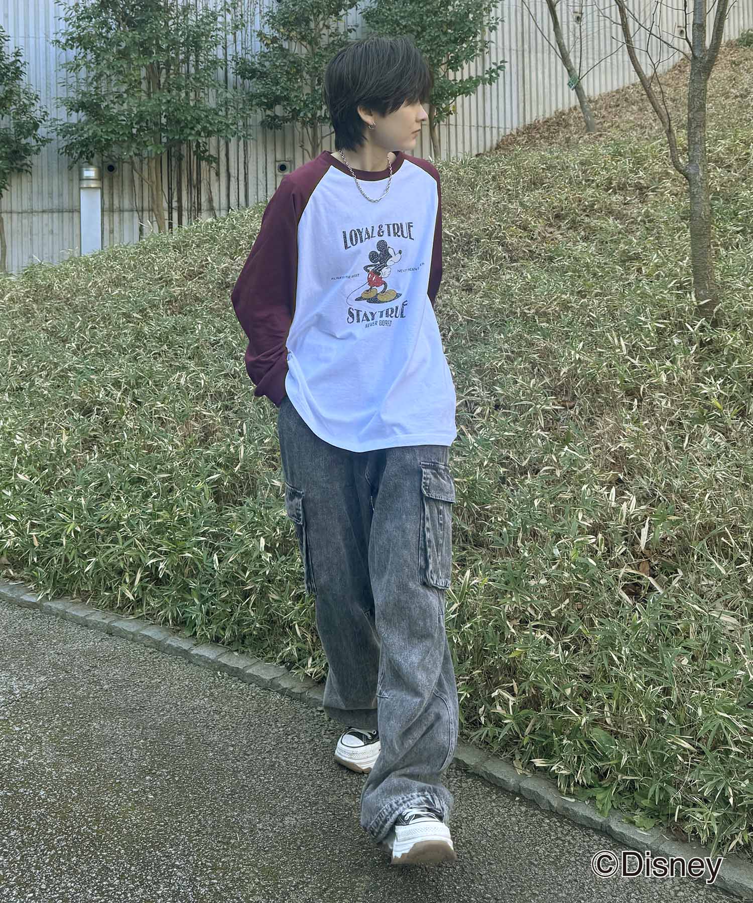 25SS Disney Mickey / ミッキー ヴィンテージライク レトログラフィック 古着風クラックプリント ビッグシルエット ラグランロンT