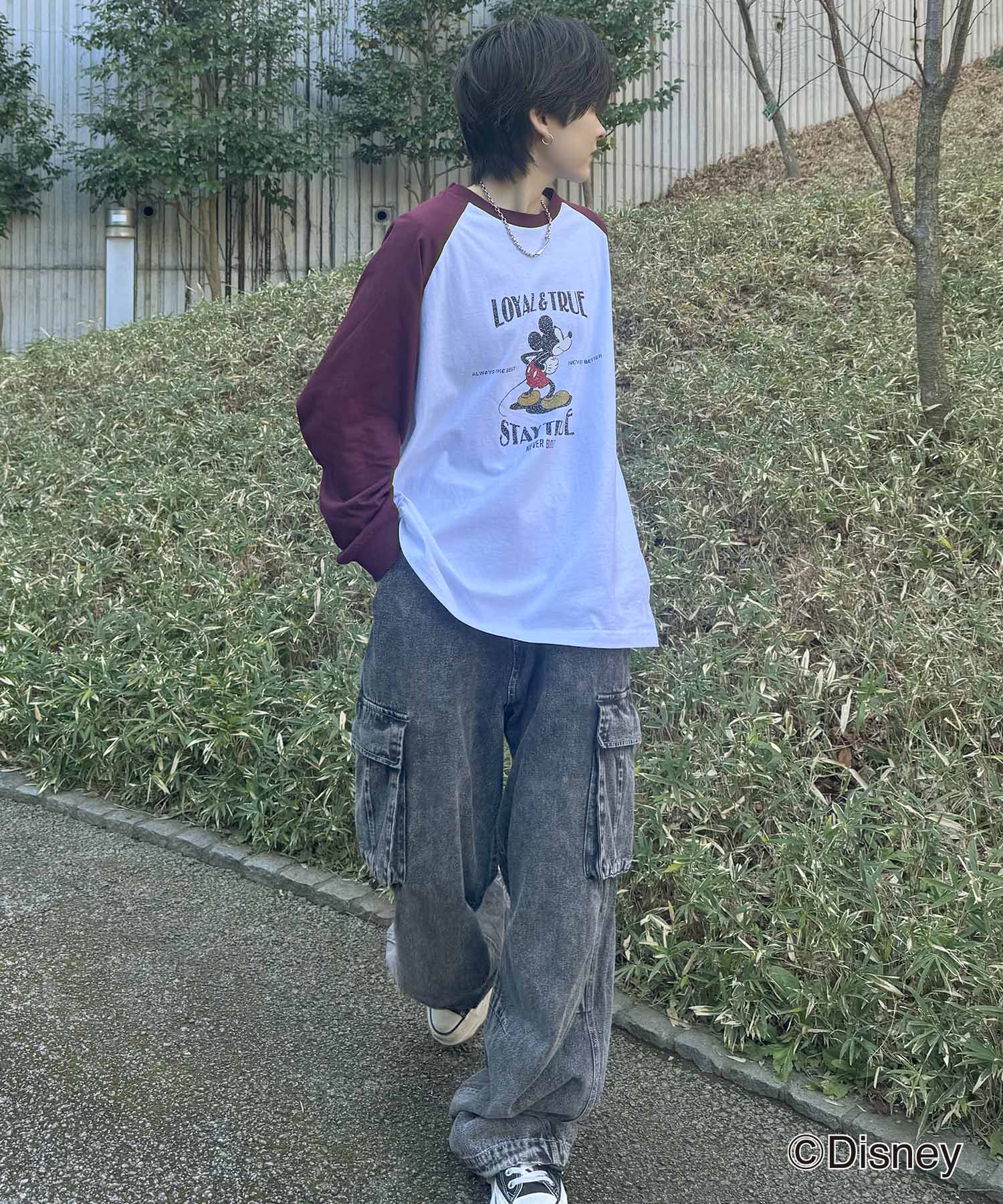 25SS Disney Mickey / ミッキー ヴィンテージライク レトログラフィック 古着風クラックプリント ビッグシルエット ラグランロンT