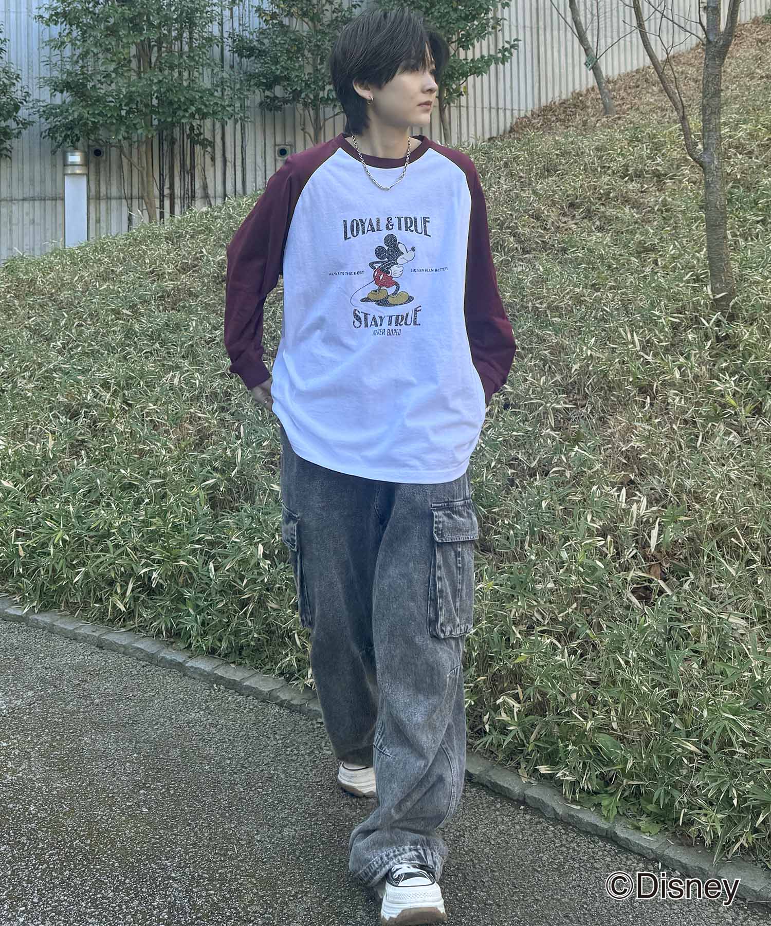 25SS Disney Mickey / ミッキー ヴィンテージライク レトログラフィック 古着風クラックプリント ビッグシルエット ラグランロンT