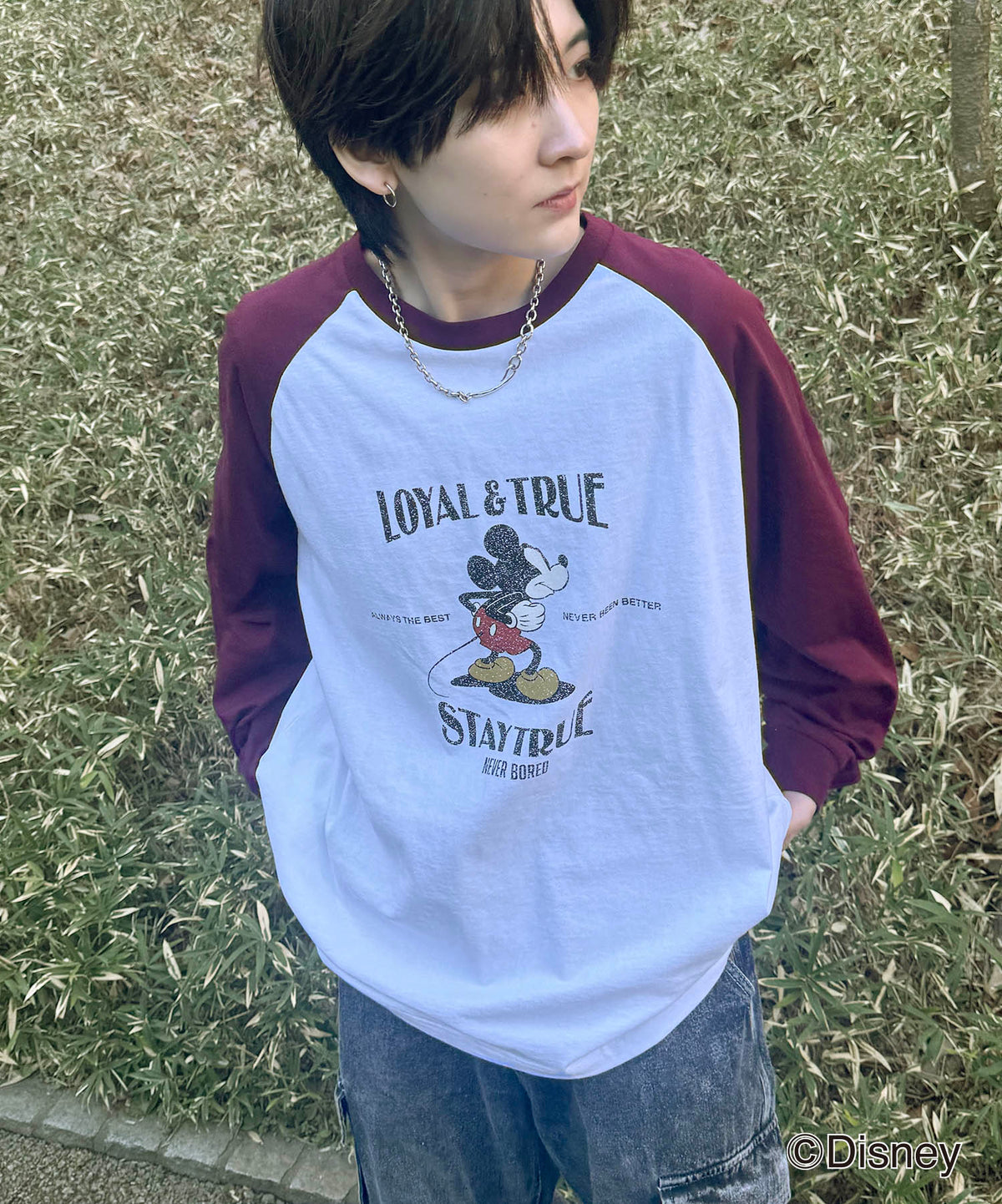 25SS Disney Mickey / ミッキー ヴィンテージライク レトログラフィック 古着風クラックプリント ビッグシルエット ラグランロンT