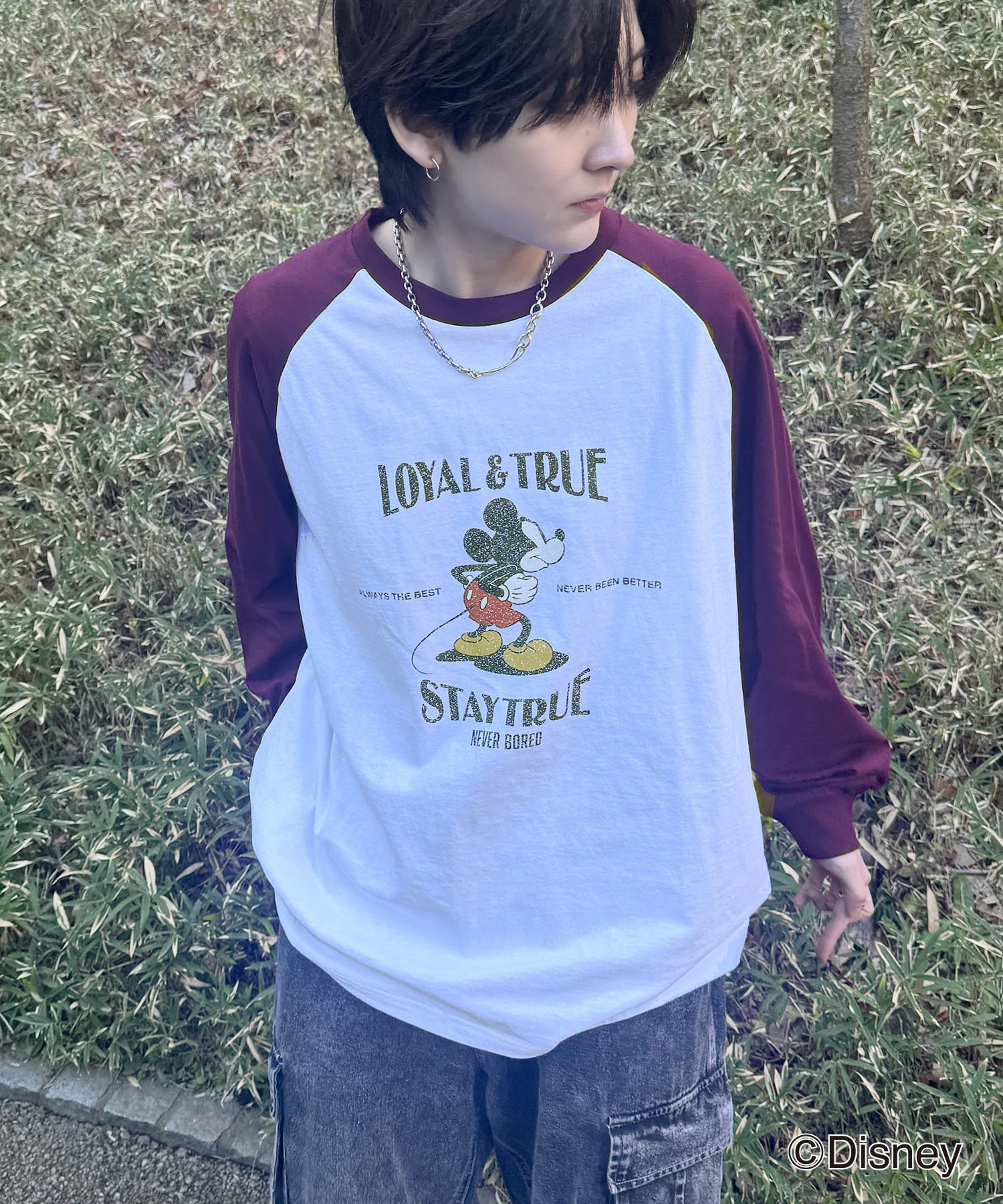 25SS Disney Mickey / ミッキー ヴィンテージライク レトログラフィック 古着風クラックプリント ビッグシルエット ラグランロンT