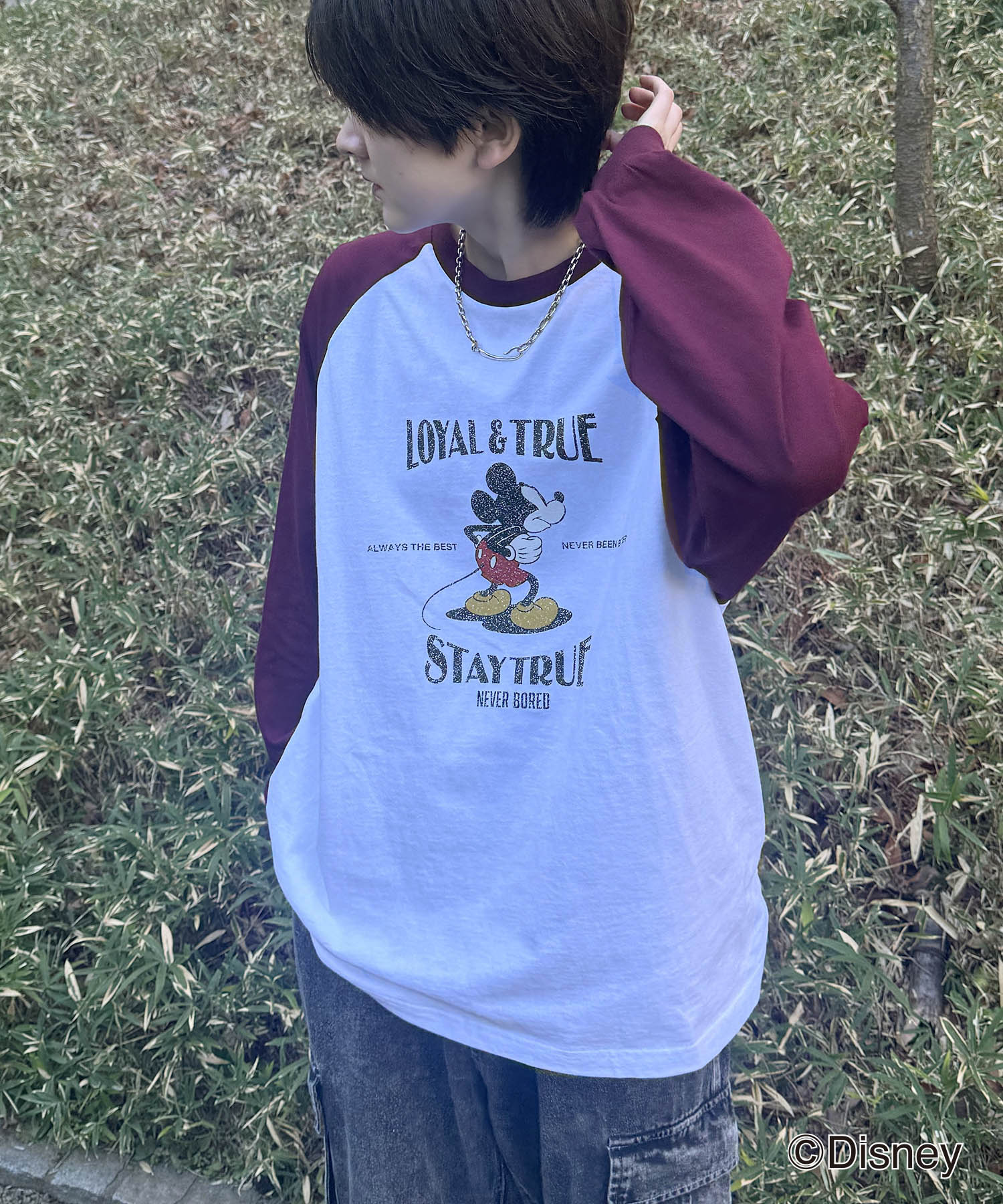 25SS Disney Mickey / ミッキー ヴィンテージライク レトログラフィック 古着風クラックプリント ビッグシルエット ラグランロンT