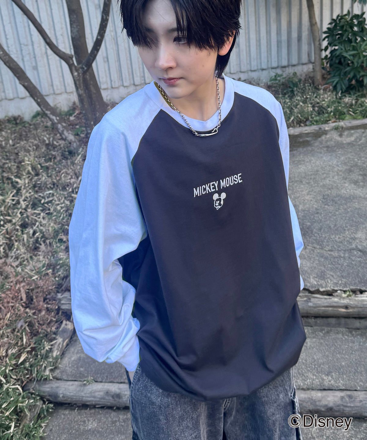 25SS Disney Mickey / ミッキー ヴィンテージライク フロント刺繍 ビッグシルエット ラグランロンT