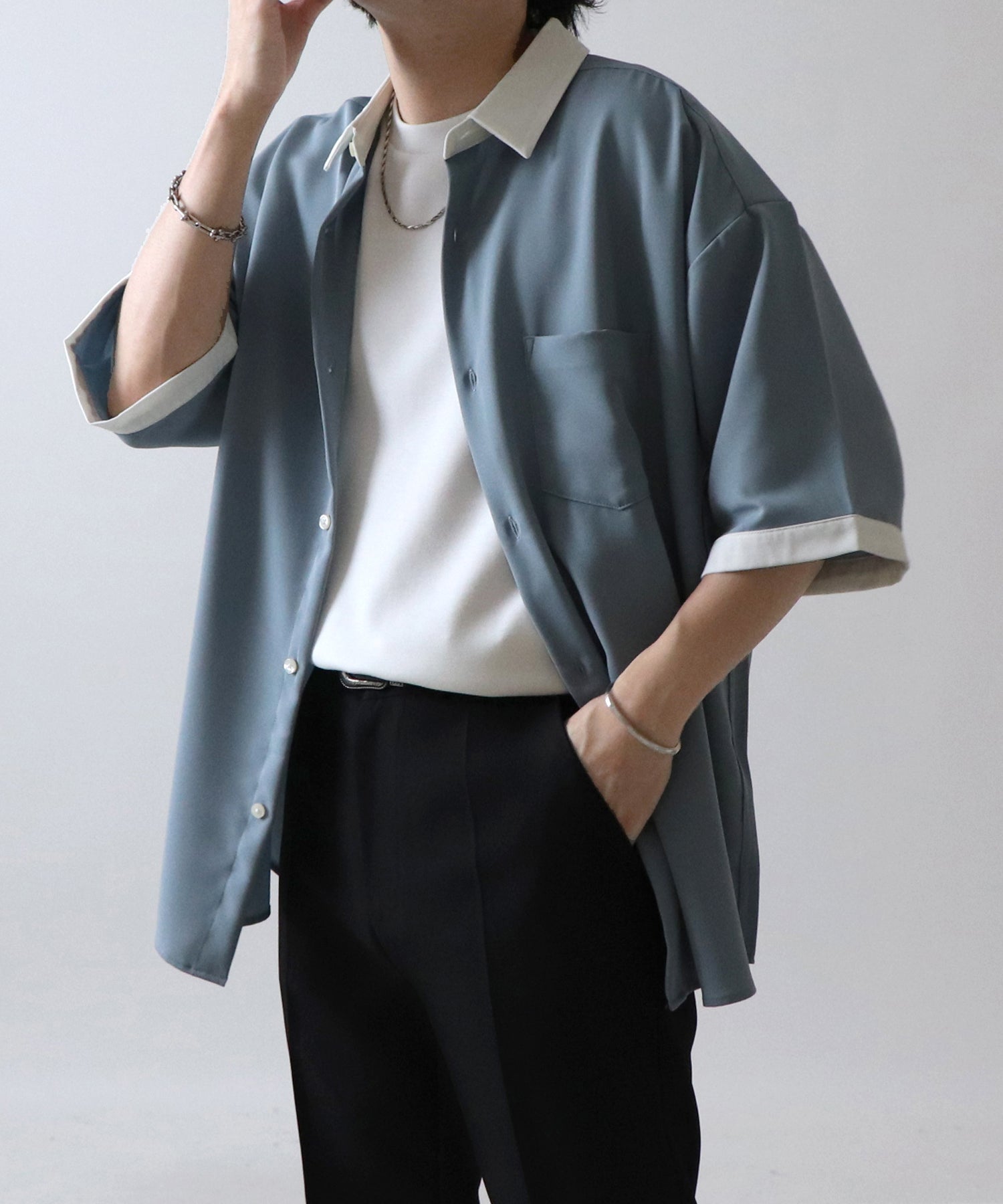 イージーケア ビッグシルエット 襟配色 クレリック半袖シャツ