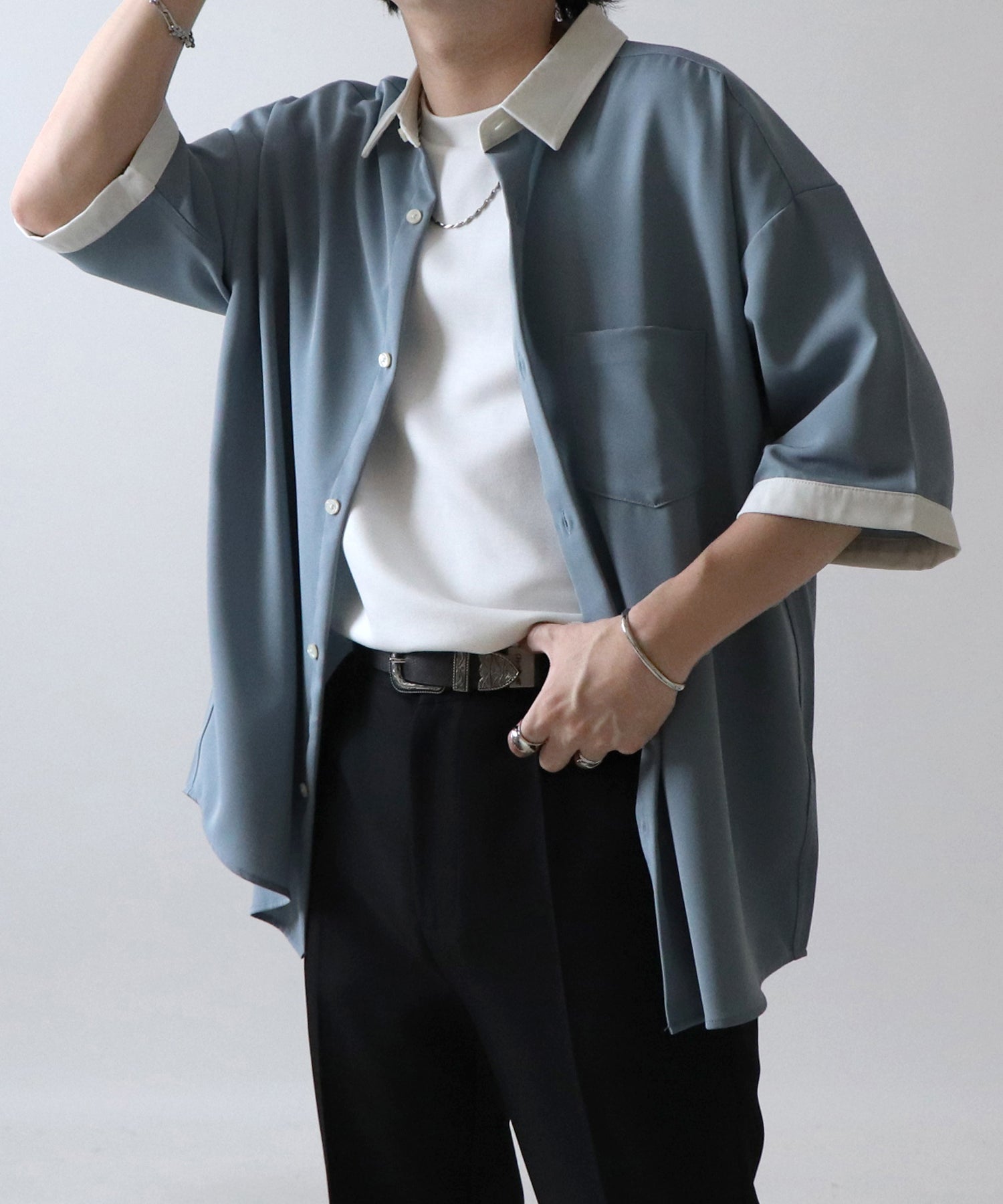 イージーケア ビッグシルエット 襟配色 クレリック半袖シャツ