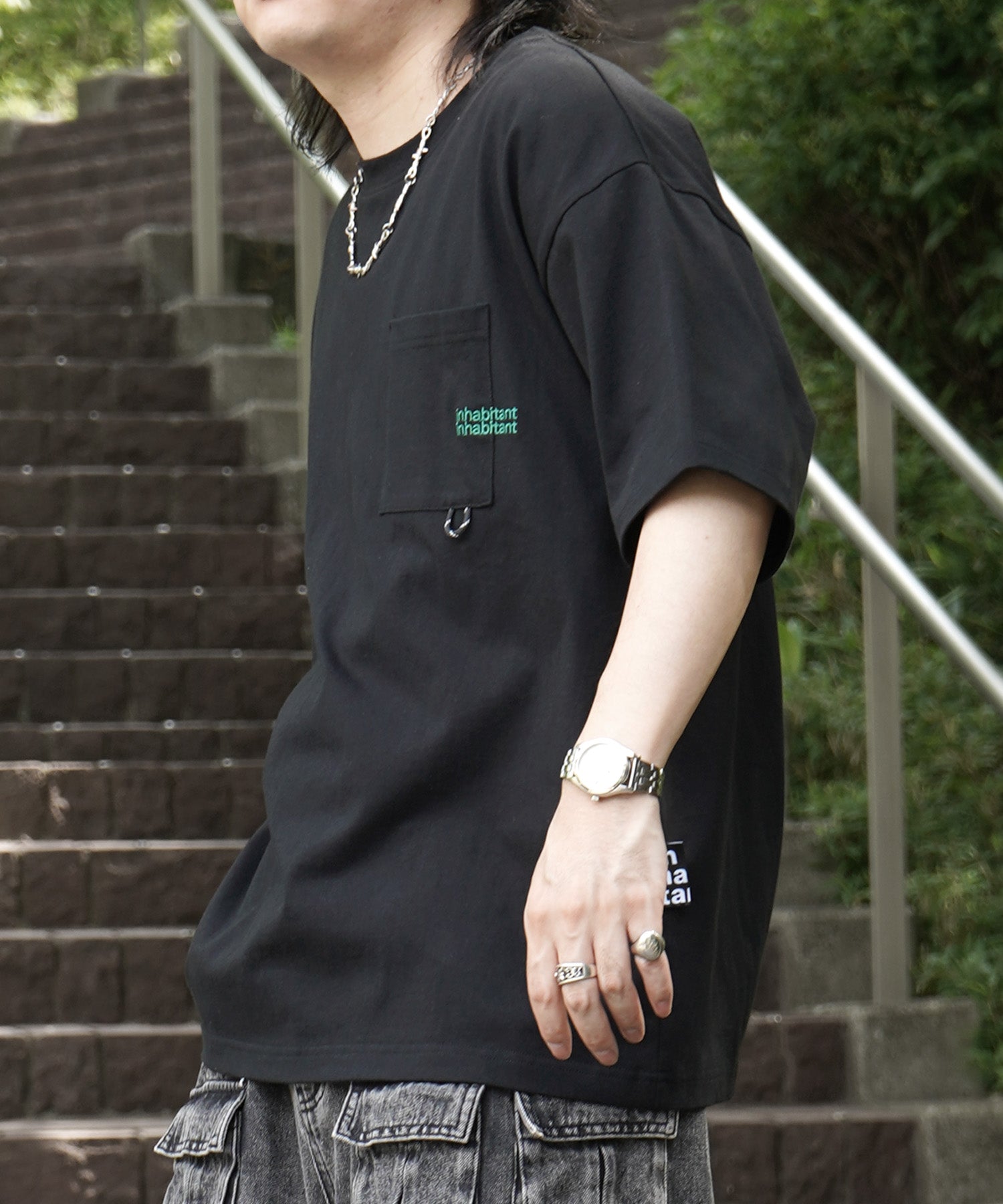 25SS【INHABITANT】ビッグシルエット ワンポイント刺繍 ポケット 半袖Tシャツ