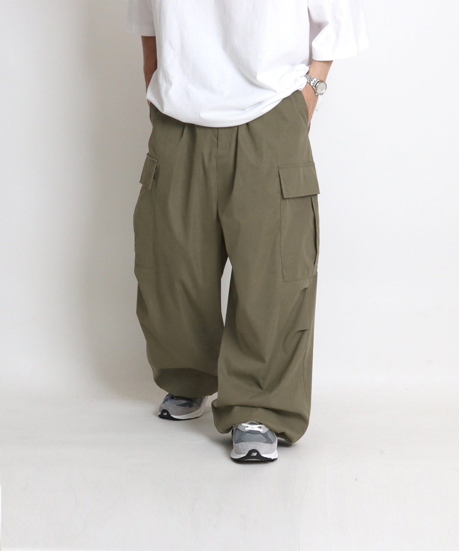25SS【新色追加】セットアップ対応 ミリタリーワイドカーゴパンツ オーバーサイズ  サイドポケット 裾ドローコード パラシュートパンツ
