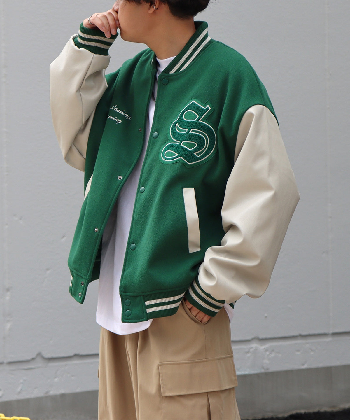 サガラワッペン刺繍 ビッグシルエットスタジャン ウールテック シンセティックレザー