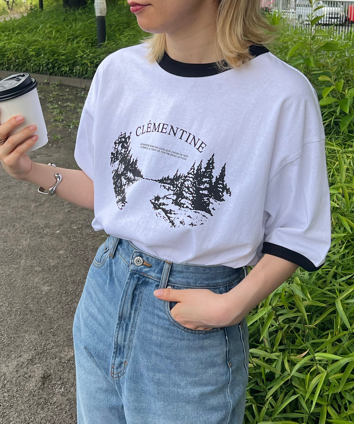 フロントプリント ビッグシルエット半袖リンガーTシャツ