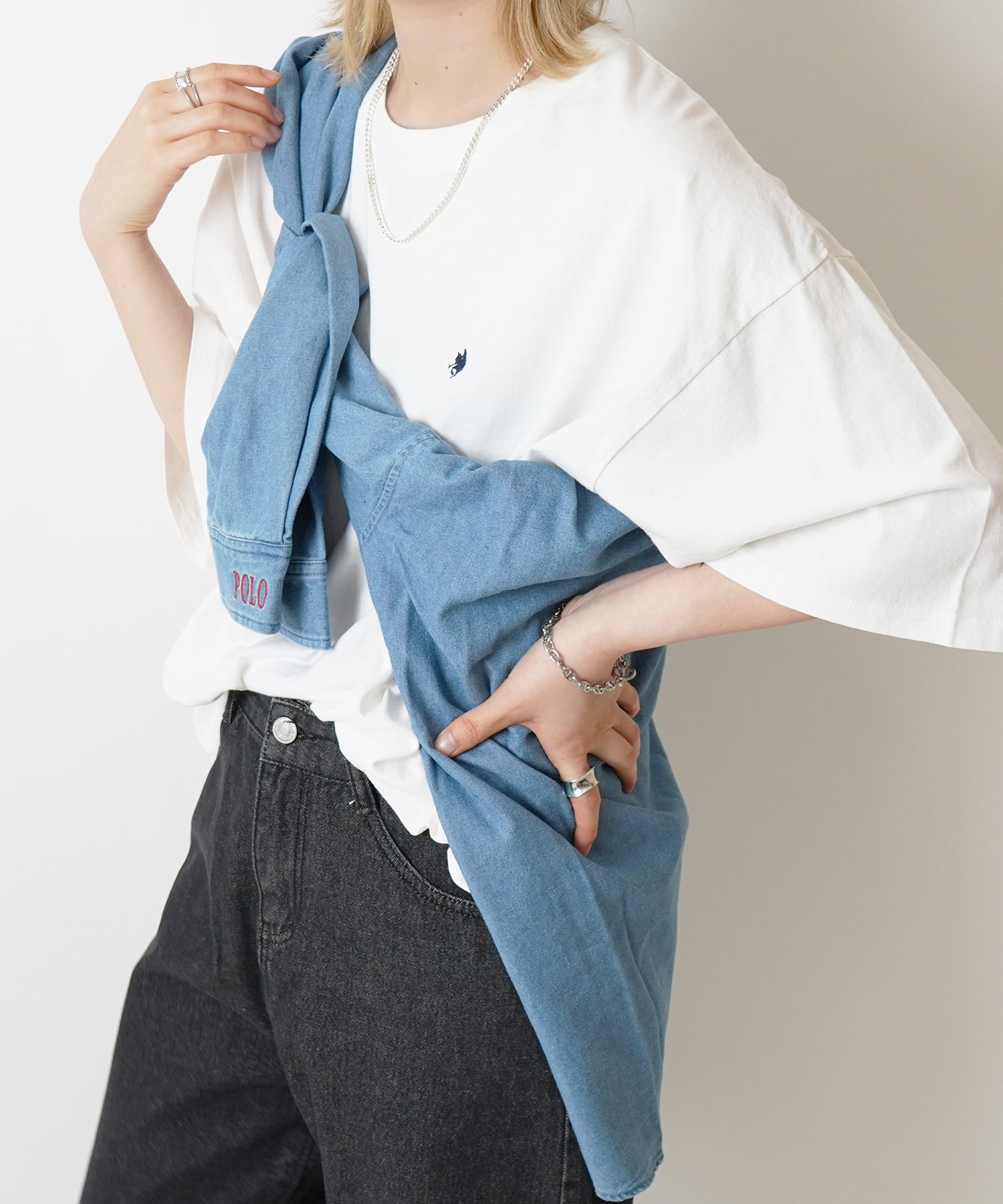 【POLO BCS】別注 ワンポイント刺繍 ピグメント加工 ビッグシルエット半袖Tシャツ