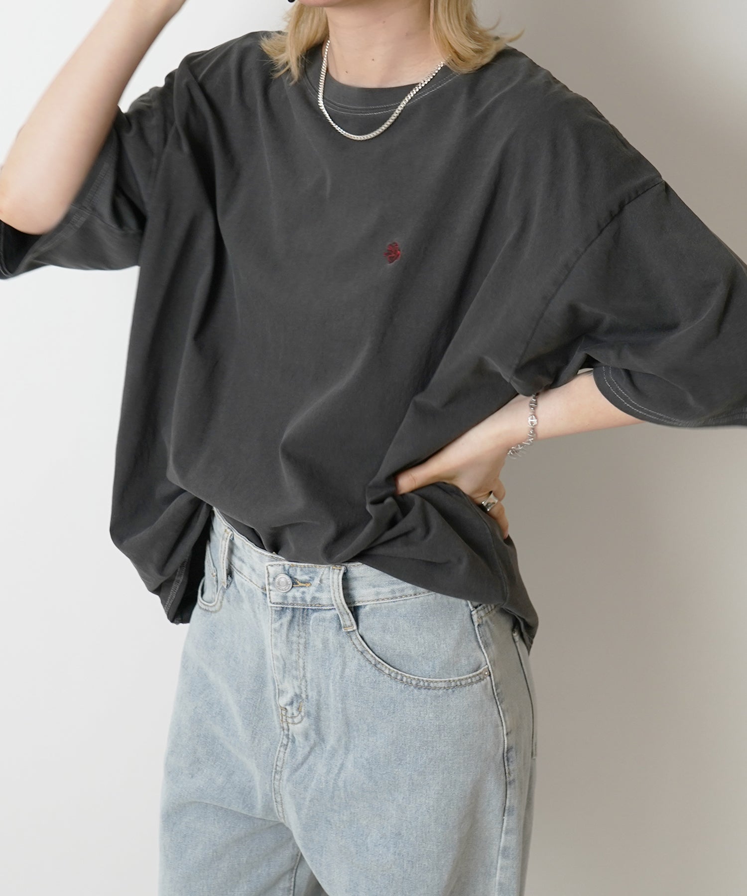 【POLO BCS】別注 ワンポイント刺繍 ピグメント加工 ビッグシルエット半袖Tシャツ