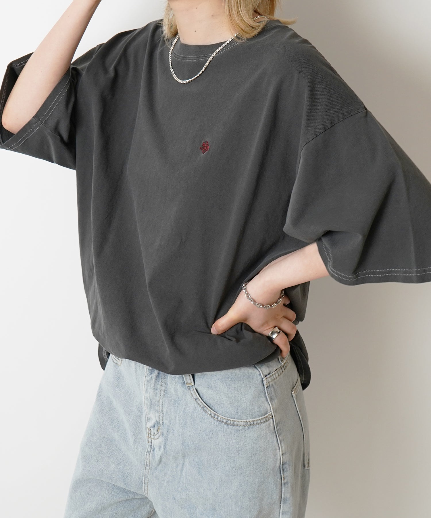 【POLO BCS】別注 ワンポイント刺繍 ピグメント加工 ビッグシルエット半袖Tシャツ