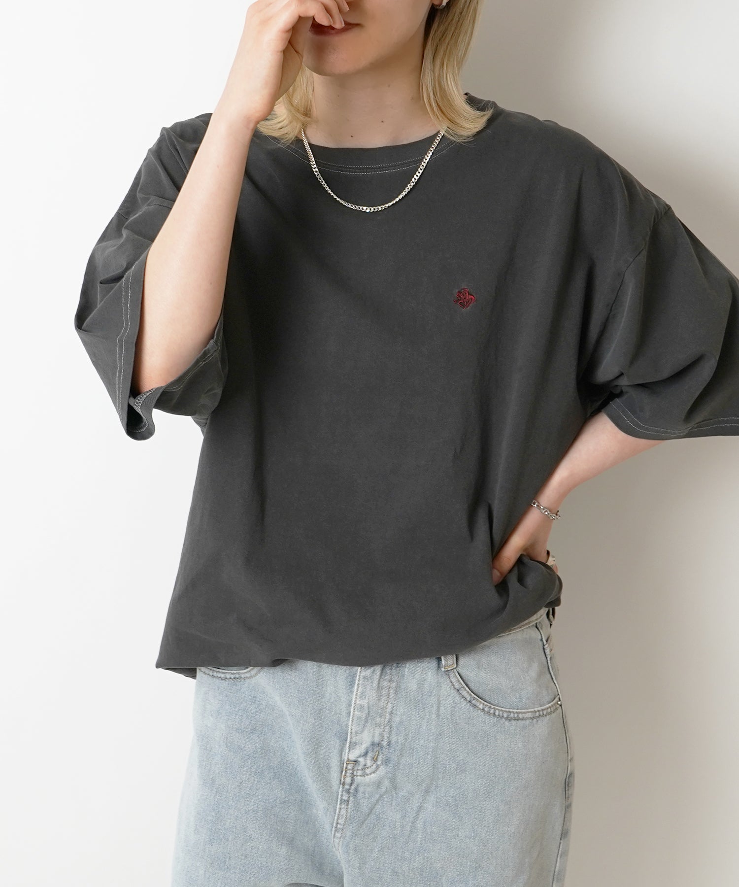 【POLO BCS】別注 ワンポイント刺繍 ピグメント加工 ビッグシルエット半袖Tシャツ
