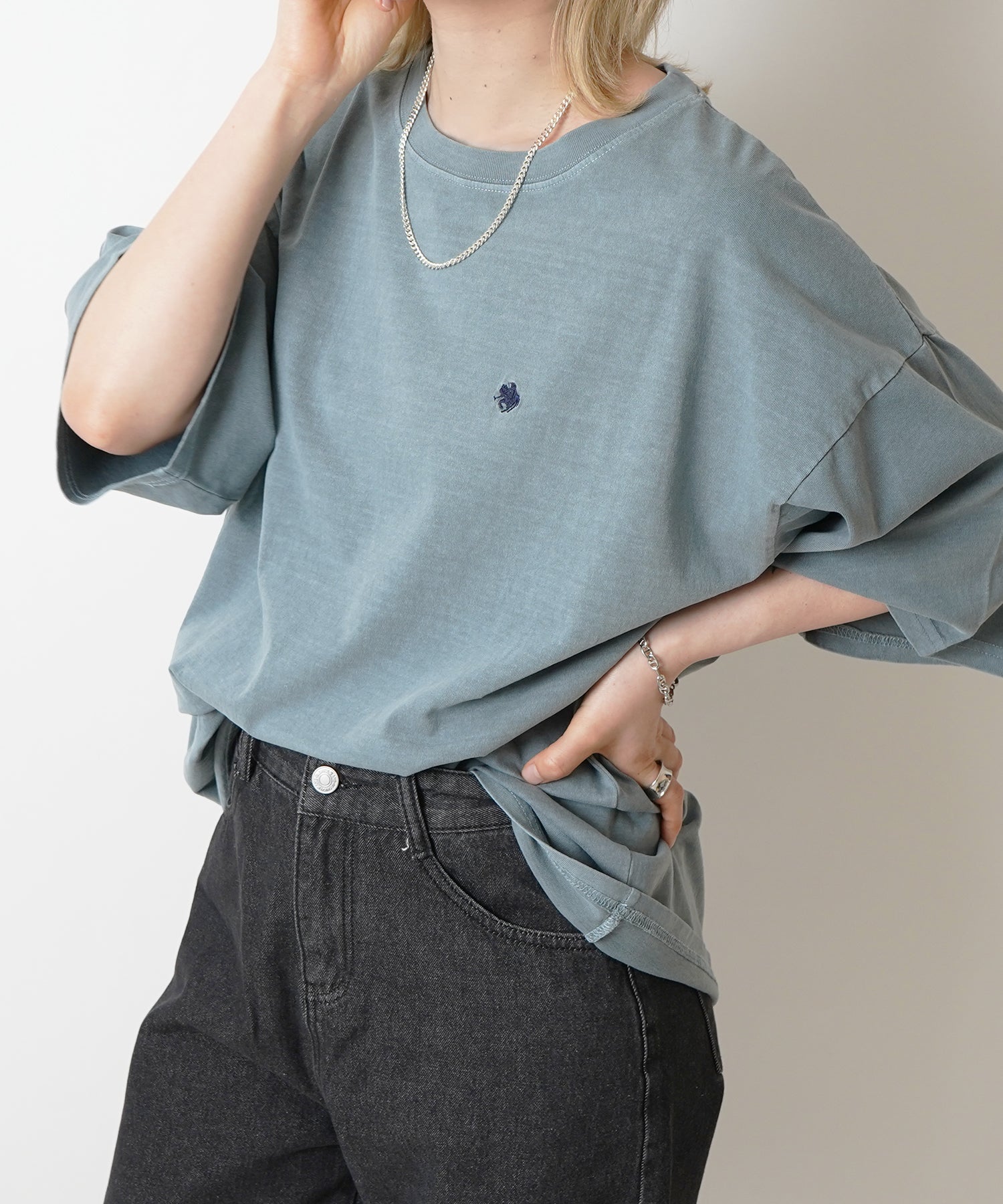 【POLO BCS】別注 ワンポイント刺繍 ピグメント加工 ビッグシルエット半袖Tシャツ
