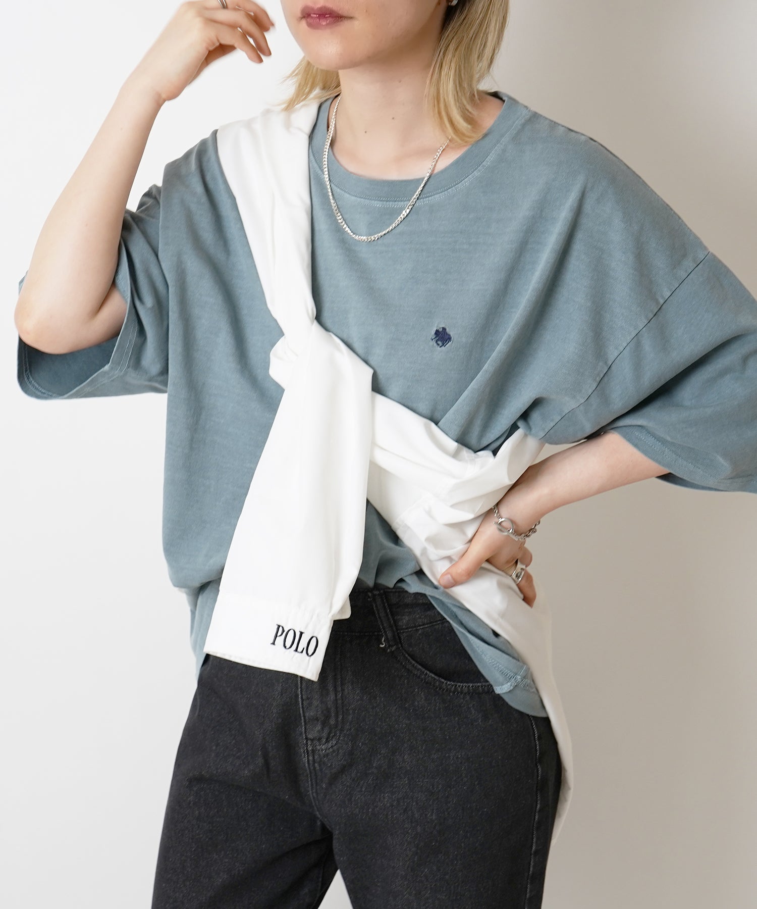 【POLO BCS】別注 ワンポイント刺繍 ピグメント加工 ビッグシルエット半袖Tシャツ