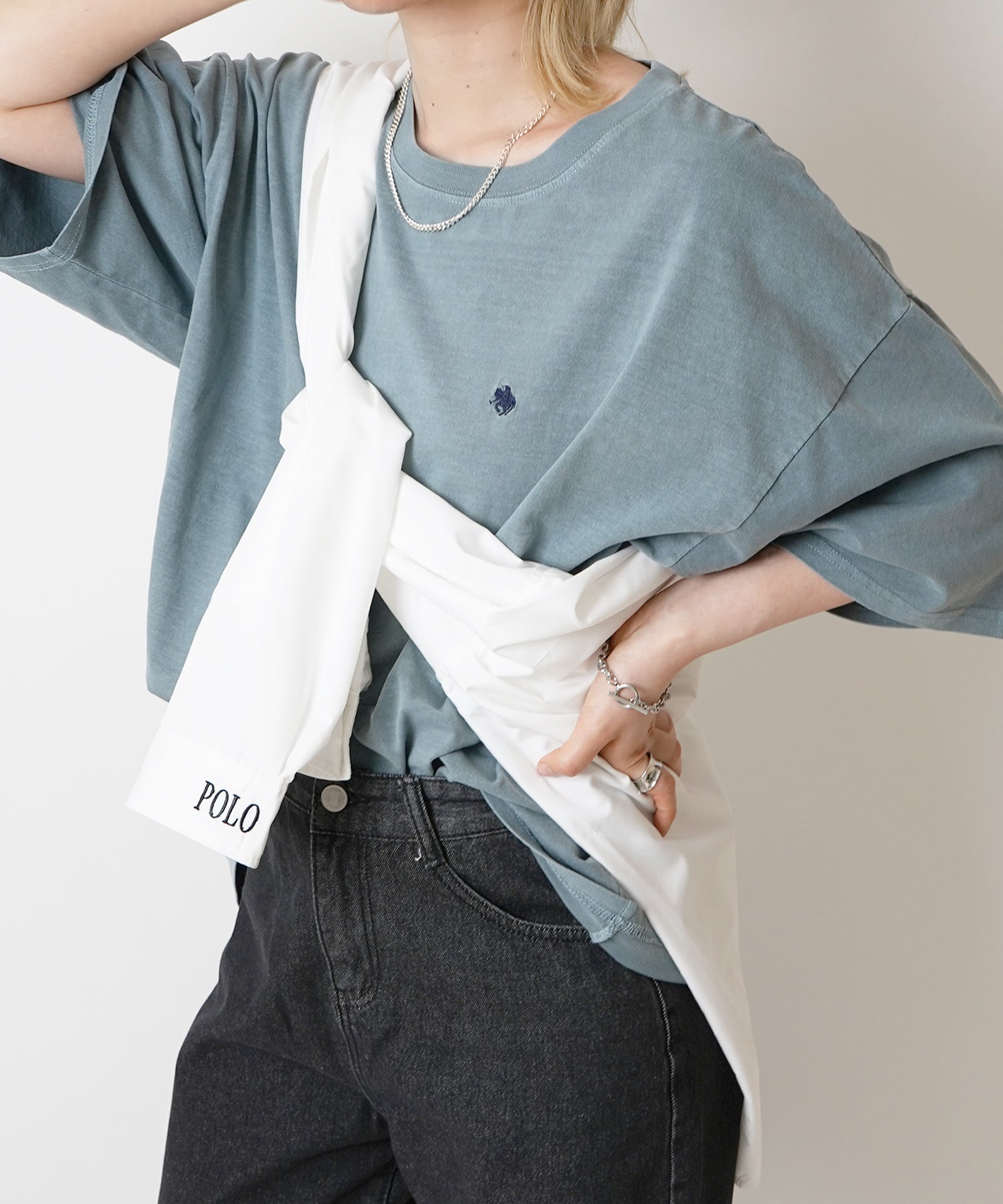 【POLO BCS】別注 ワンポイント刺繍 ピグメント加工 ビッグシルエット半袖Tシャツ