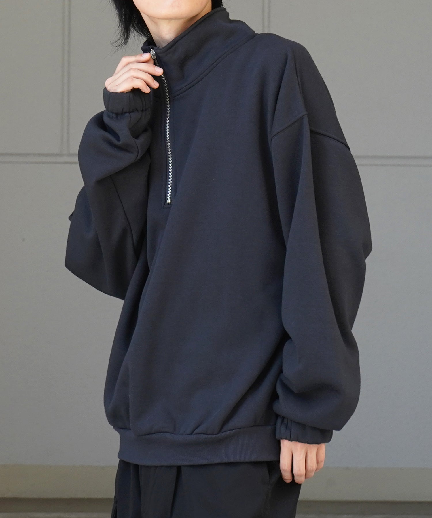 裾リブ ボリュームシルエット ビッグシルエット 裏起毛ハーフジッププルオーバースウェット