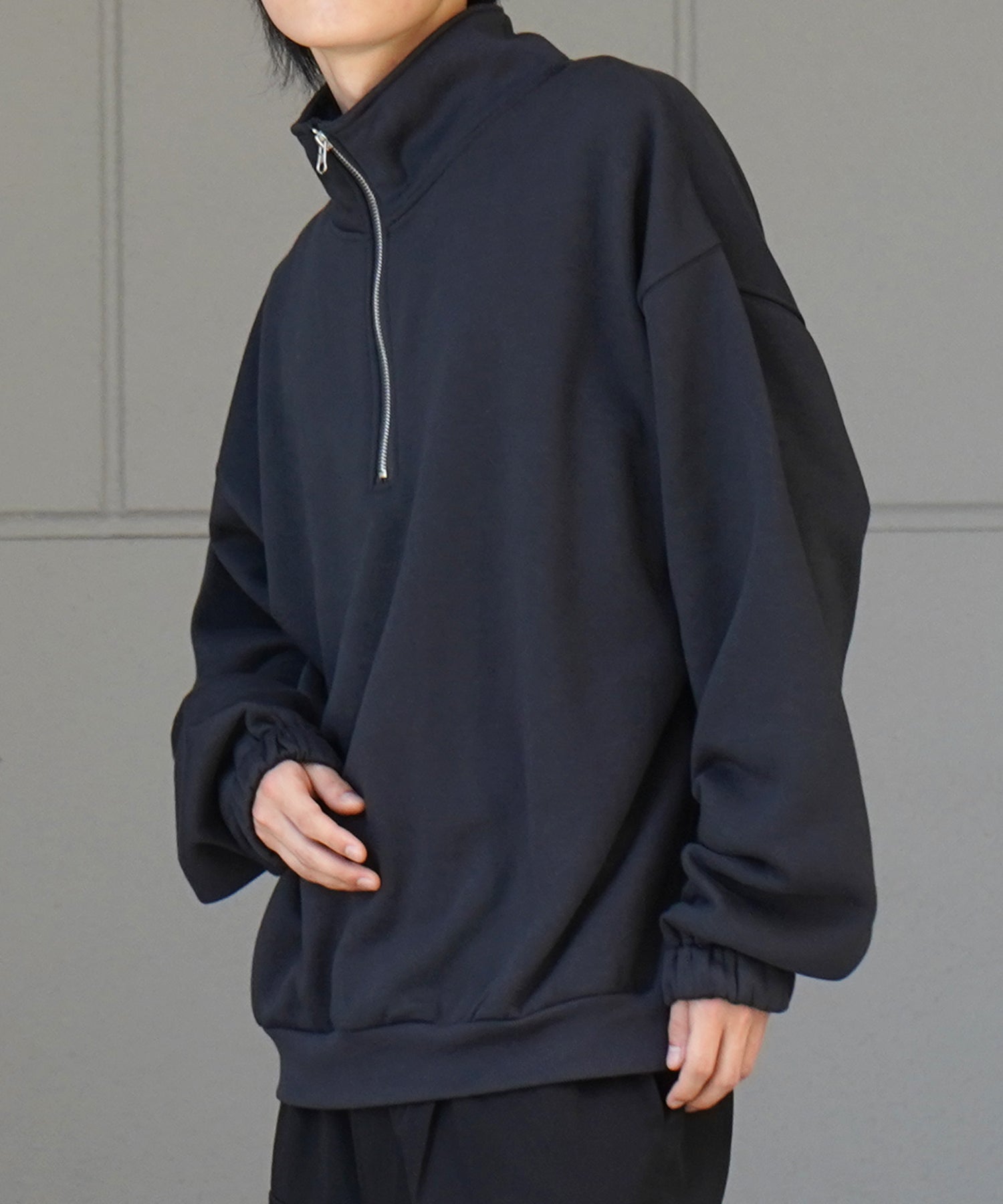 裾リブ ボリュームシルエット ビッグシルエット 裏起毛ハーフジッププルオーバースウェット